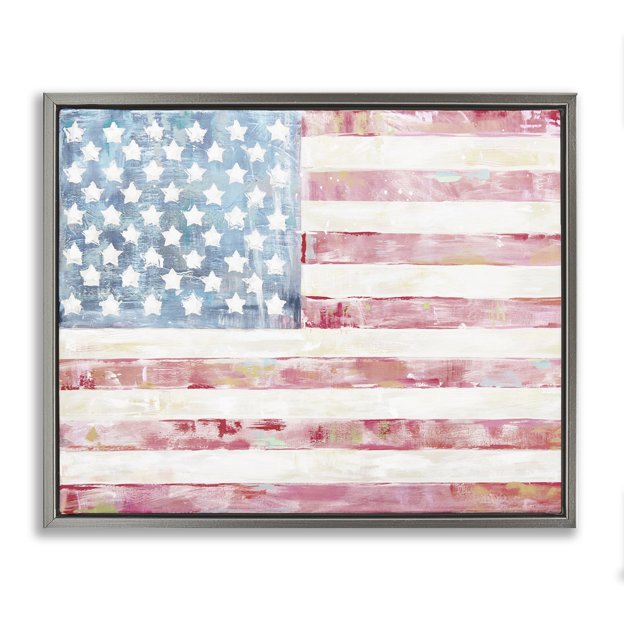 Stupell Industries Patriotic Brushed Flag Town & City Painting Gray Floater Framed Canvas Art Print Wall Art, 31 x 25