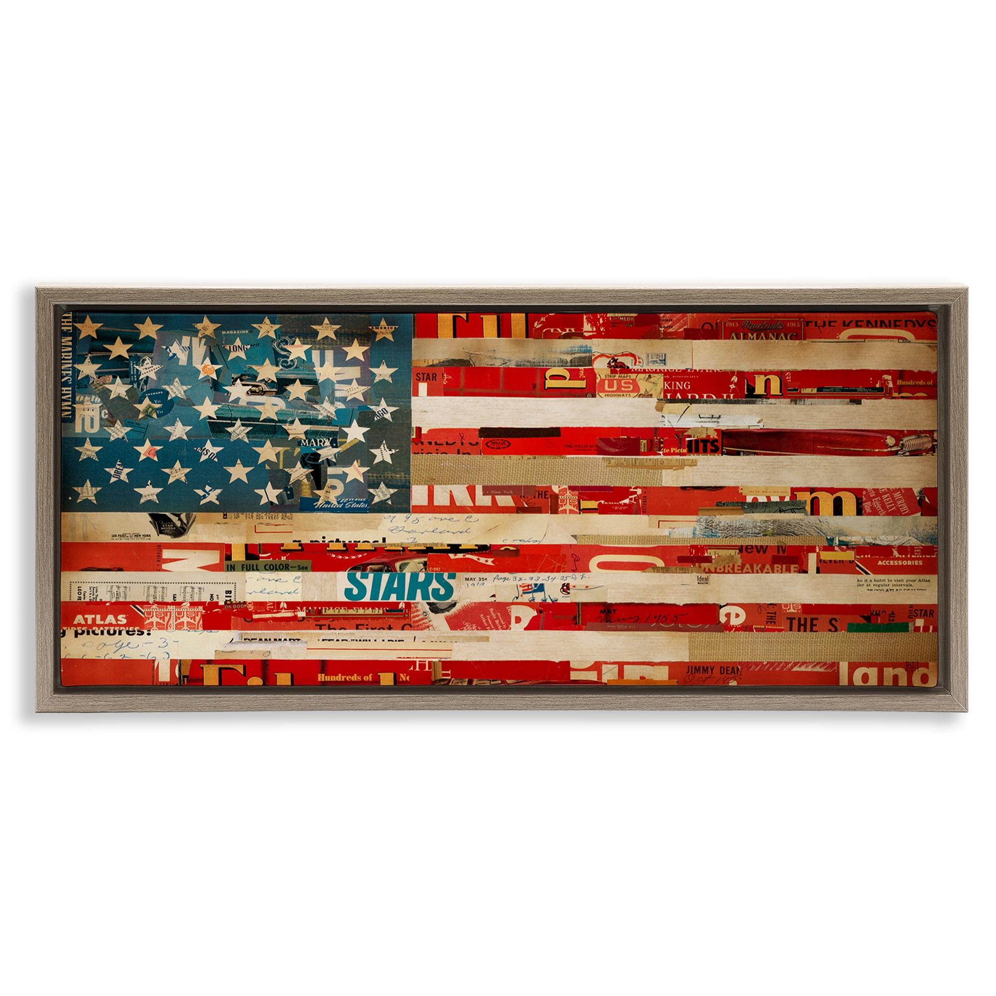 Stupell Industries Patriotic Collaged Flag Patriotic Painting Brown Floater Framed Canvas Art Print Wall Art, 31 x 14