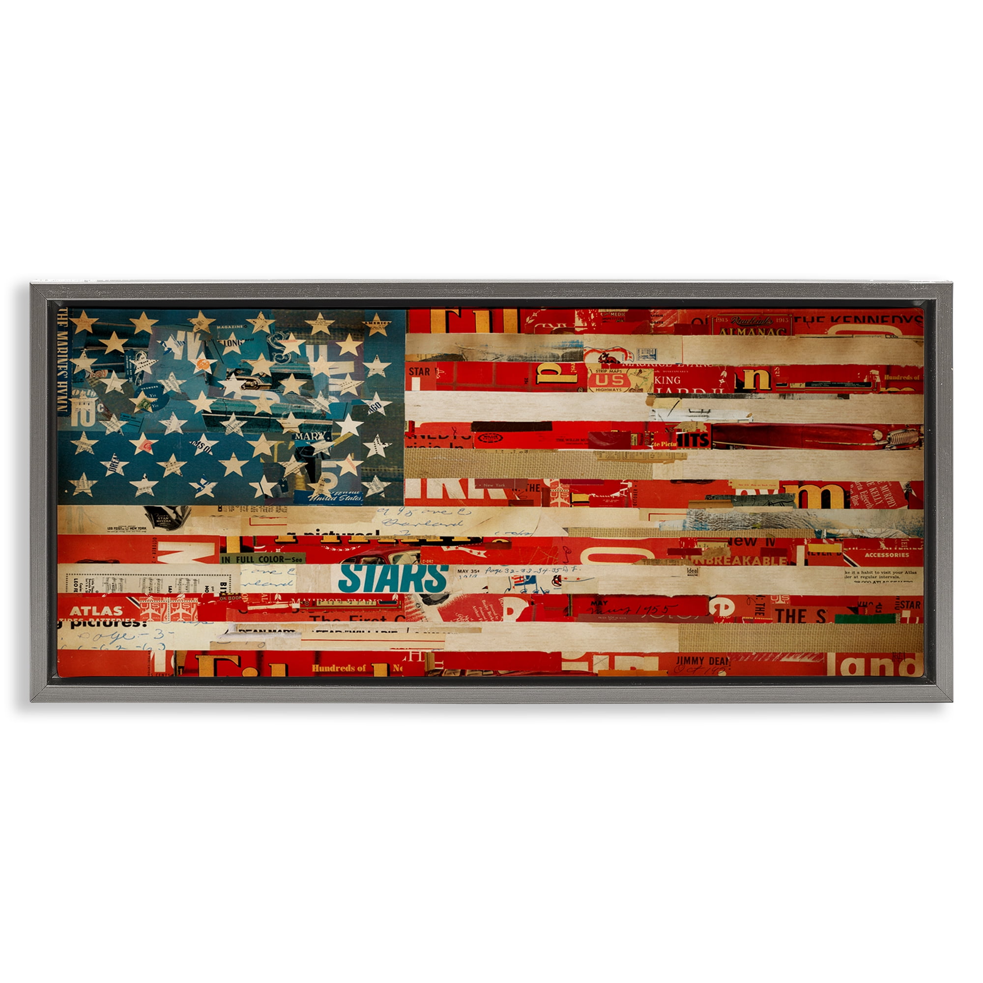 Stupell Industries Patriotic Collaged Flag Patriotic Painting Gray Floater Framed Canvas Art Print Wall Art, 31 x 14