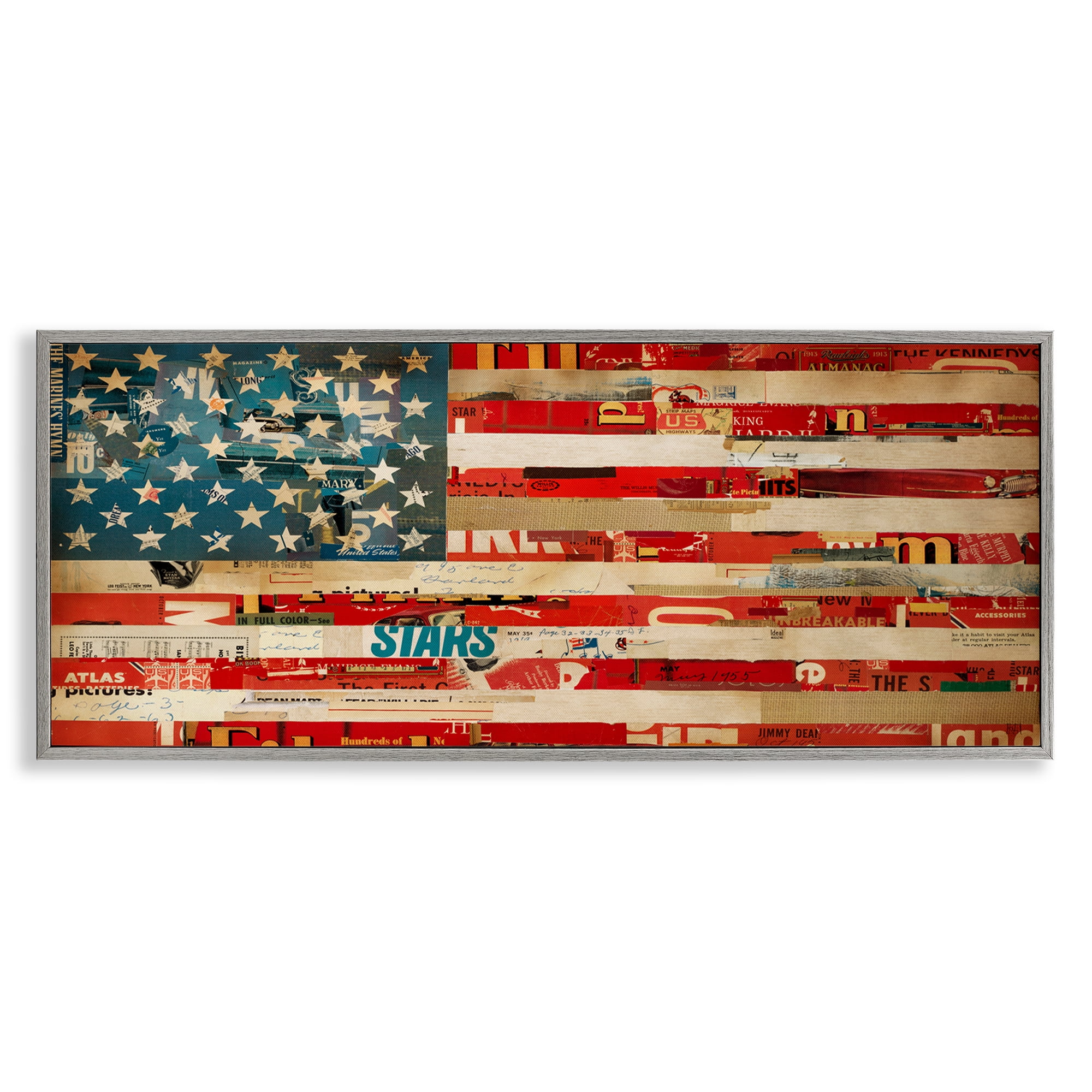 Stupell Industries Patriotic Collaged Flag Patriotic Painting Gray Framed Art Print Wall Art, 30 x 13