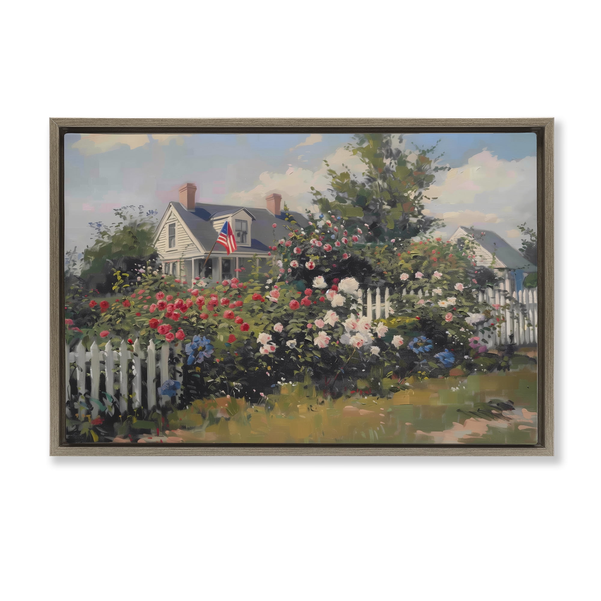 Stupell Industries Patriotic Cottage Garden Landscape & Nature Painting Brown Floater Framed Canvas Art Print Wall Art, 25 x 17