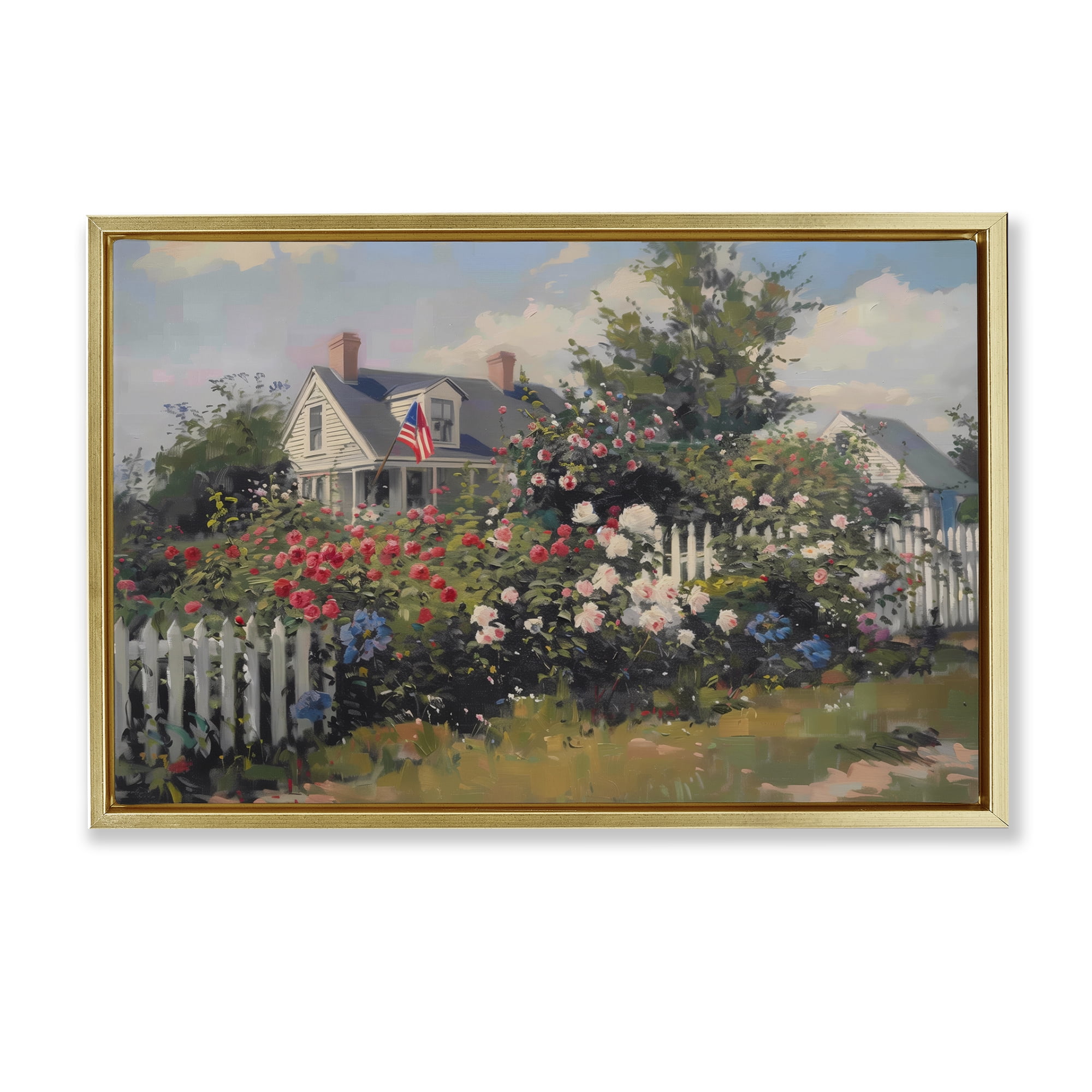Stupell Industries Patriotic Cottage Garden Landscape & Nature Painting Gold Floater Framed Canvas Art Print Wall Art, 25 x 17