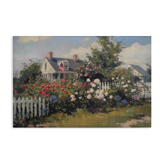 Stupell Industries Patriotic Cottage Garden Landscape & Nature Painting Wrapped Canvas Art Print Wall Art, 45 x 30