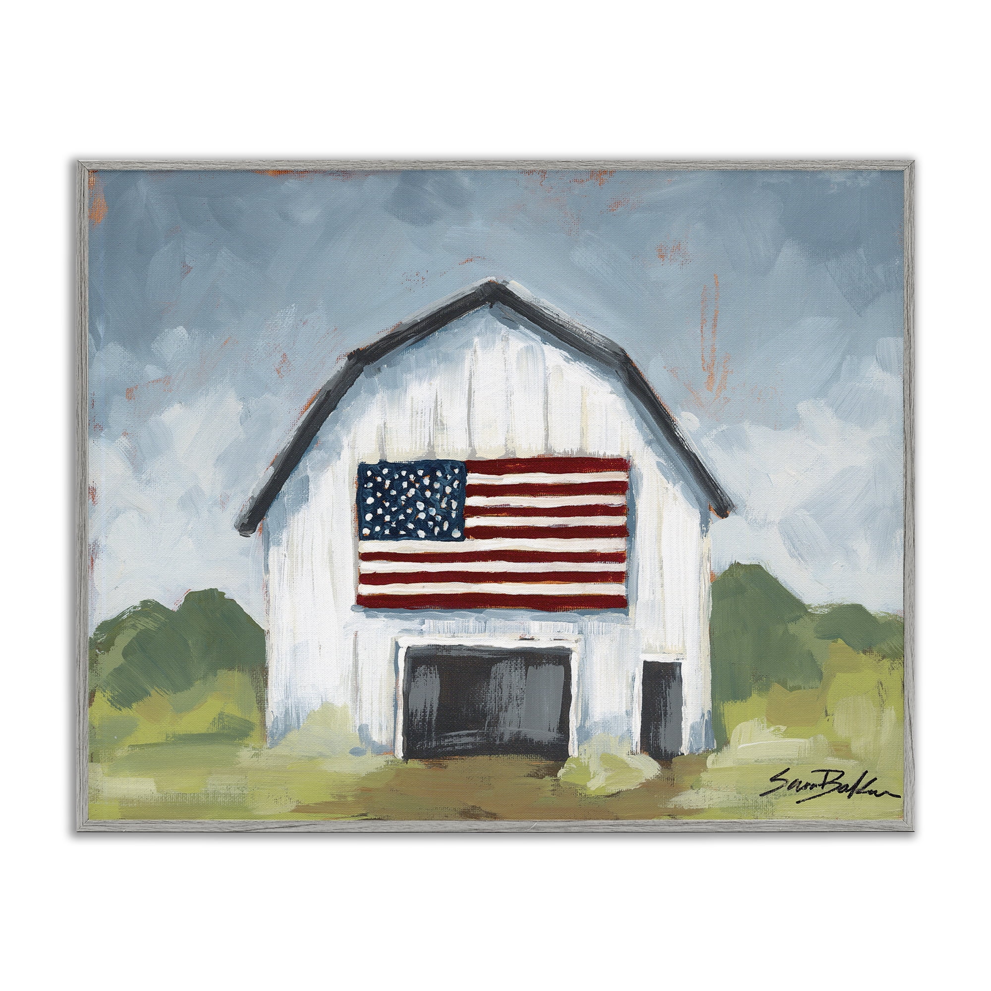 Stupell Industries Patriotic Country Barn Landscape & Nature Painting Gray Framed Art Print Wall Art, 20 x 16