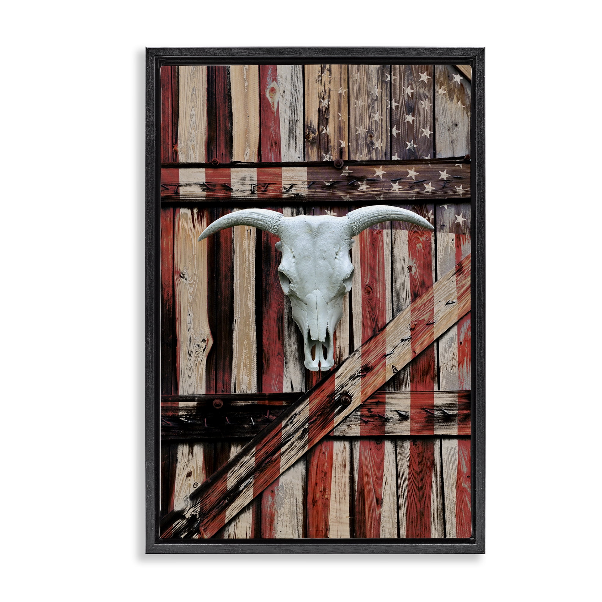 Stupell Industries Patriotic Cow Skull Transportation Painting Black Floater Framed Art Print Wall Art, 21 x 31