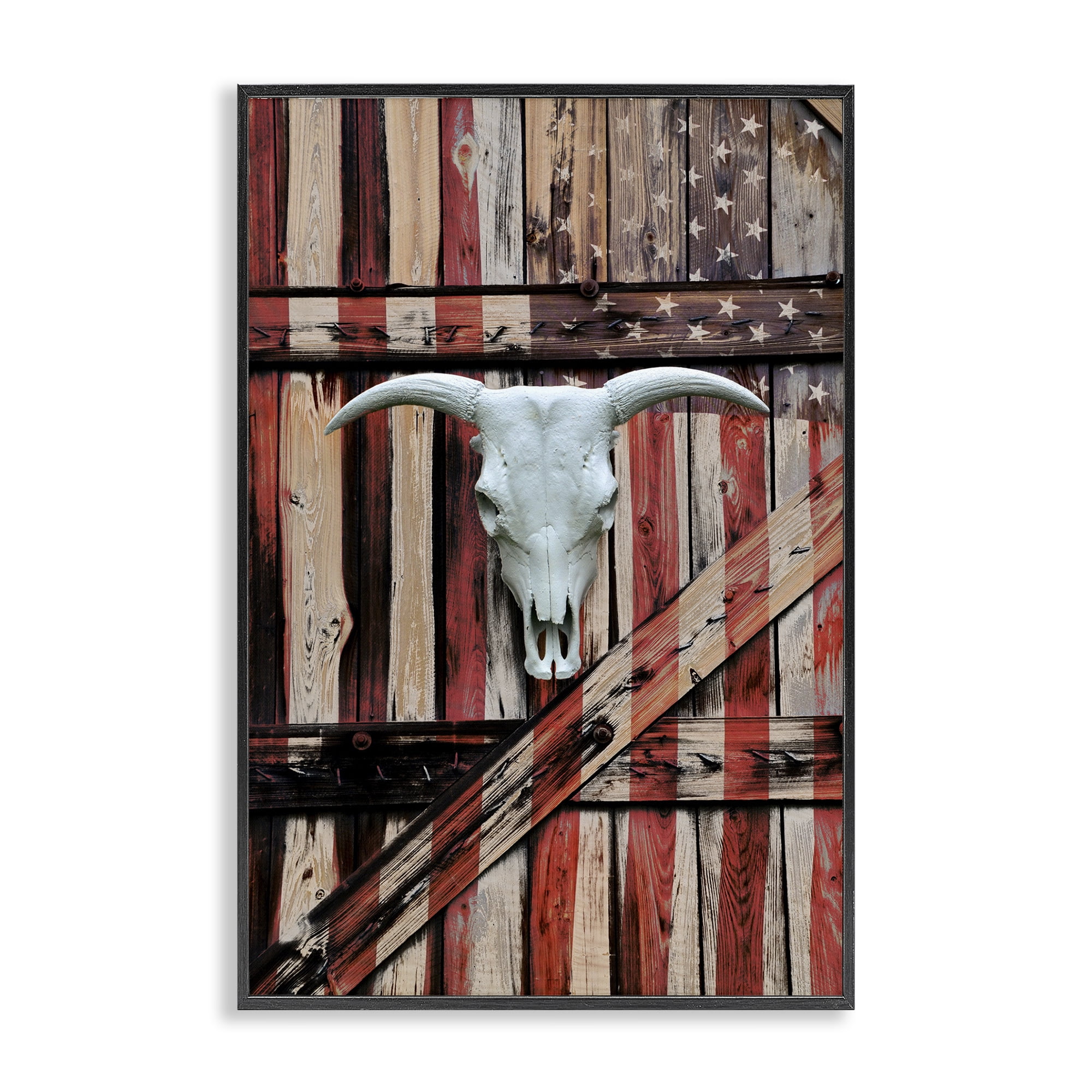 Stupell Industries Patriotic Cow Skull Transportation Painting Black Framed Art Print Wall Art, 16 x 24