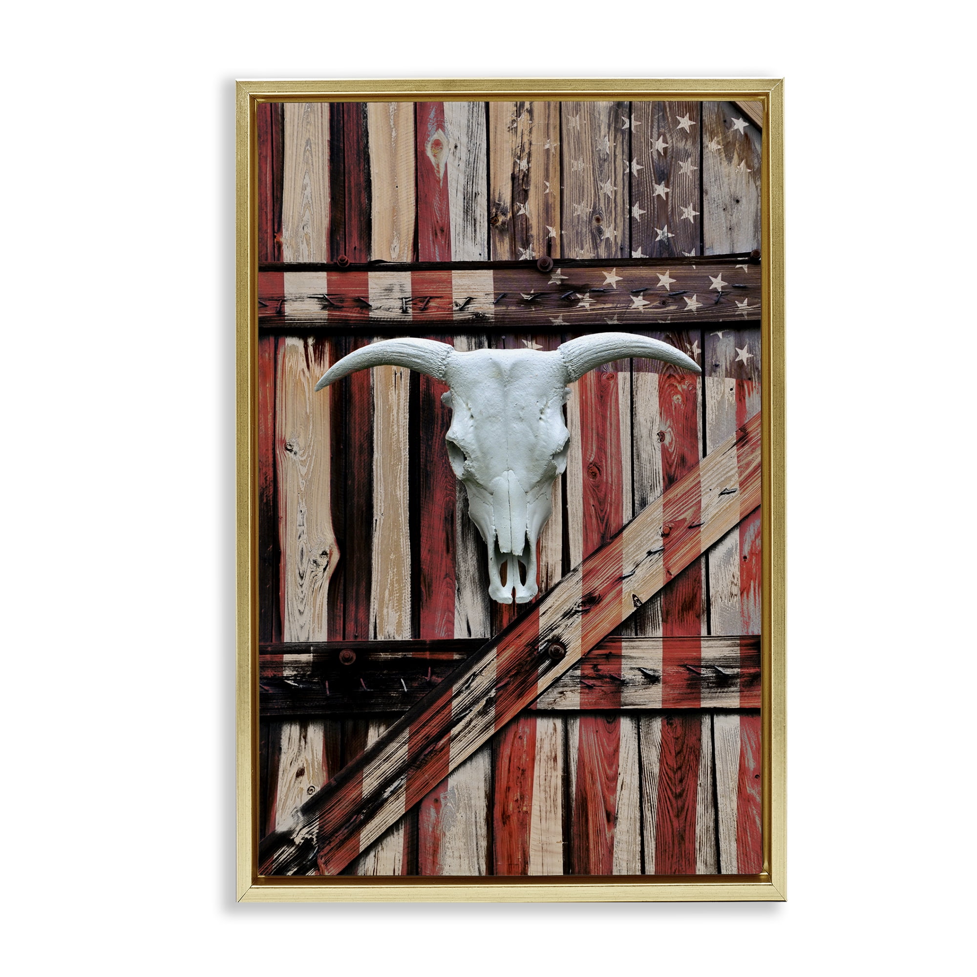 Stupell Industries Patriotic Cow Skull Transportation Painting Gold Floater Framed Art Print Wall Art, 17 x 25