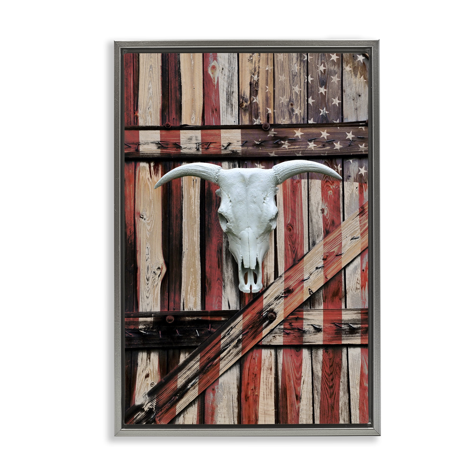 Stupell Industries Patriotic Cow Skull Transportation Painting Gray Floater Framed Art Print Wall Art, 21 x 31