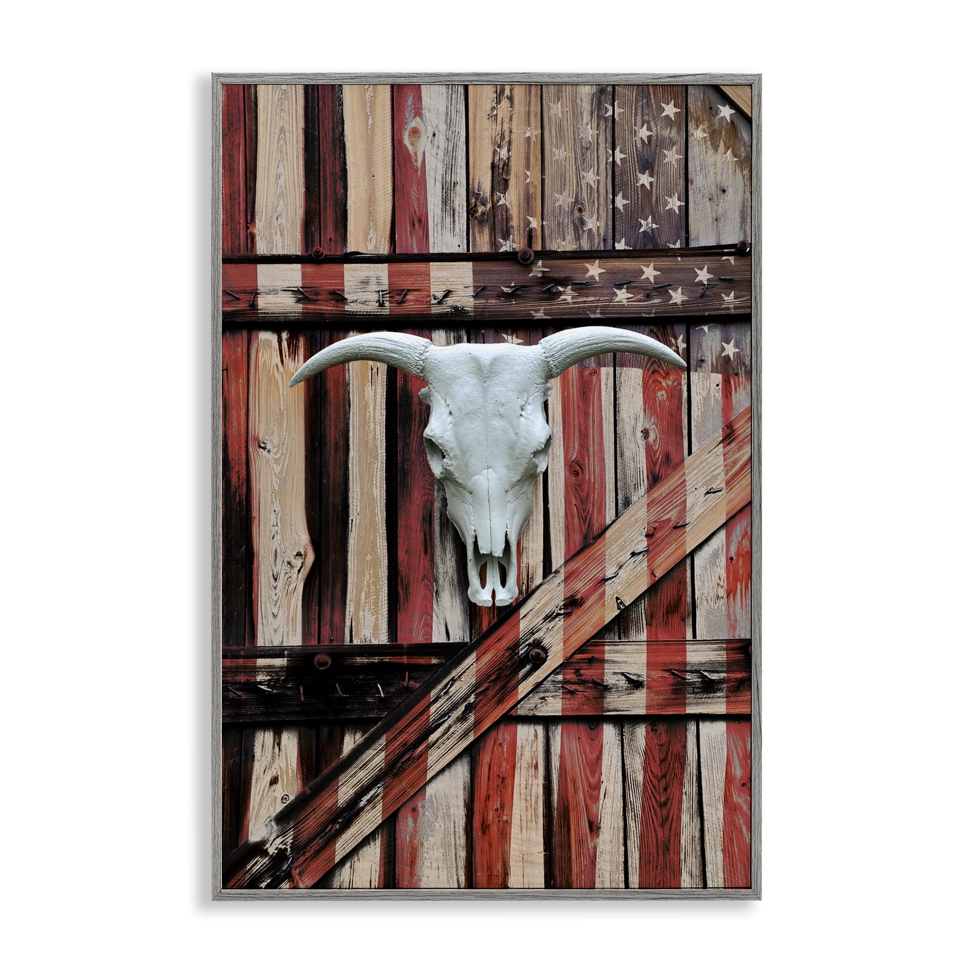 Stupell Industries Patriotic Cow Skull Transportation Painting Gray Framed Art Print Wall Art, 16 x 24