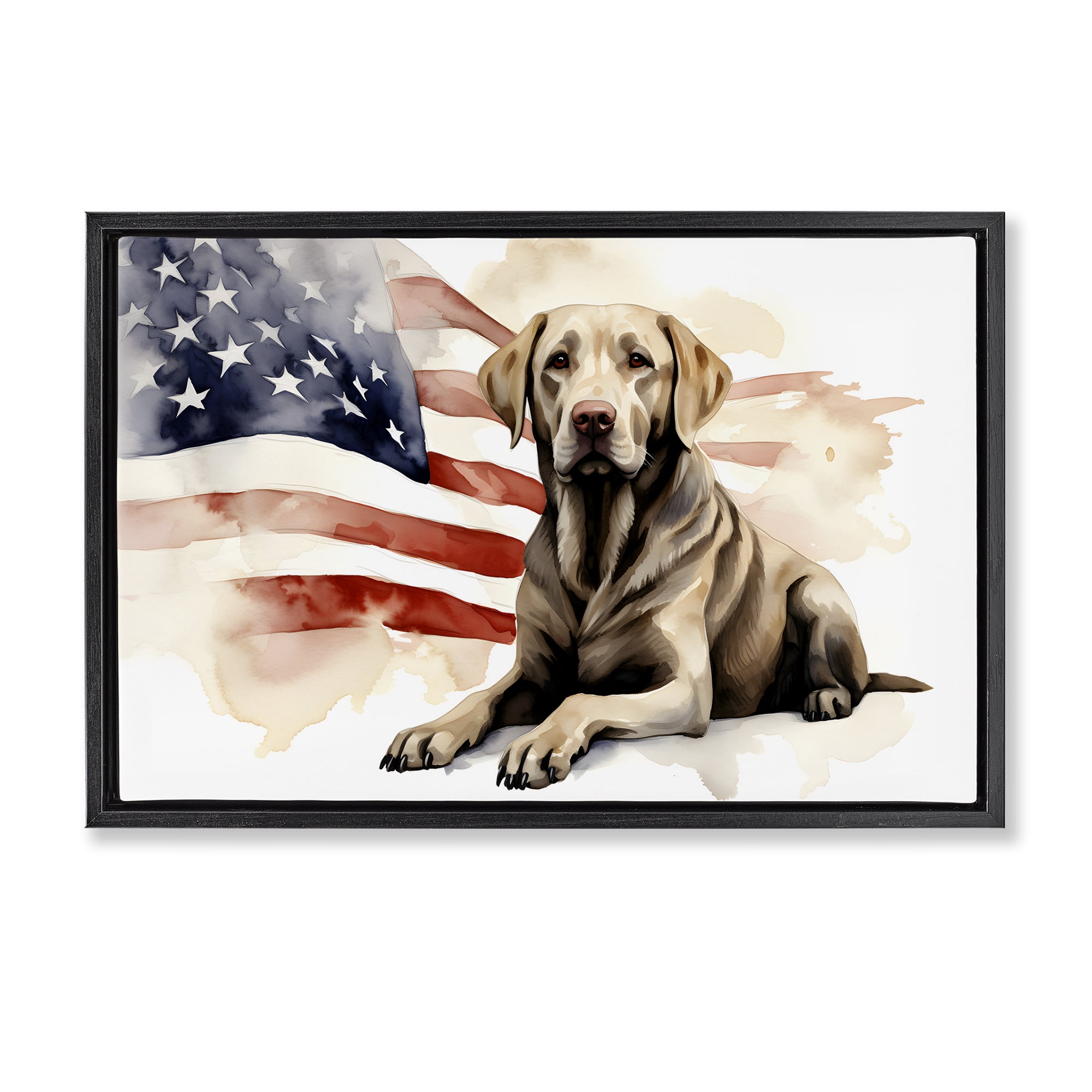 Stupell Industries Patriotic Dog with Flag Animals & Insects Painting Black Floater Framed Canvas Art Print Wall Art, 25 x 17