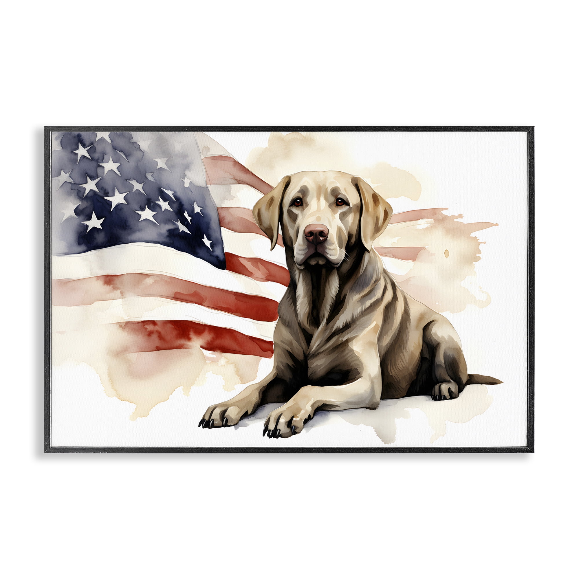 Stupell Industries Patriotic Dog with Flag Animals & Insects Painting Black Framed Art Print Wall Art, 24 x 16