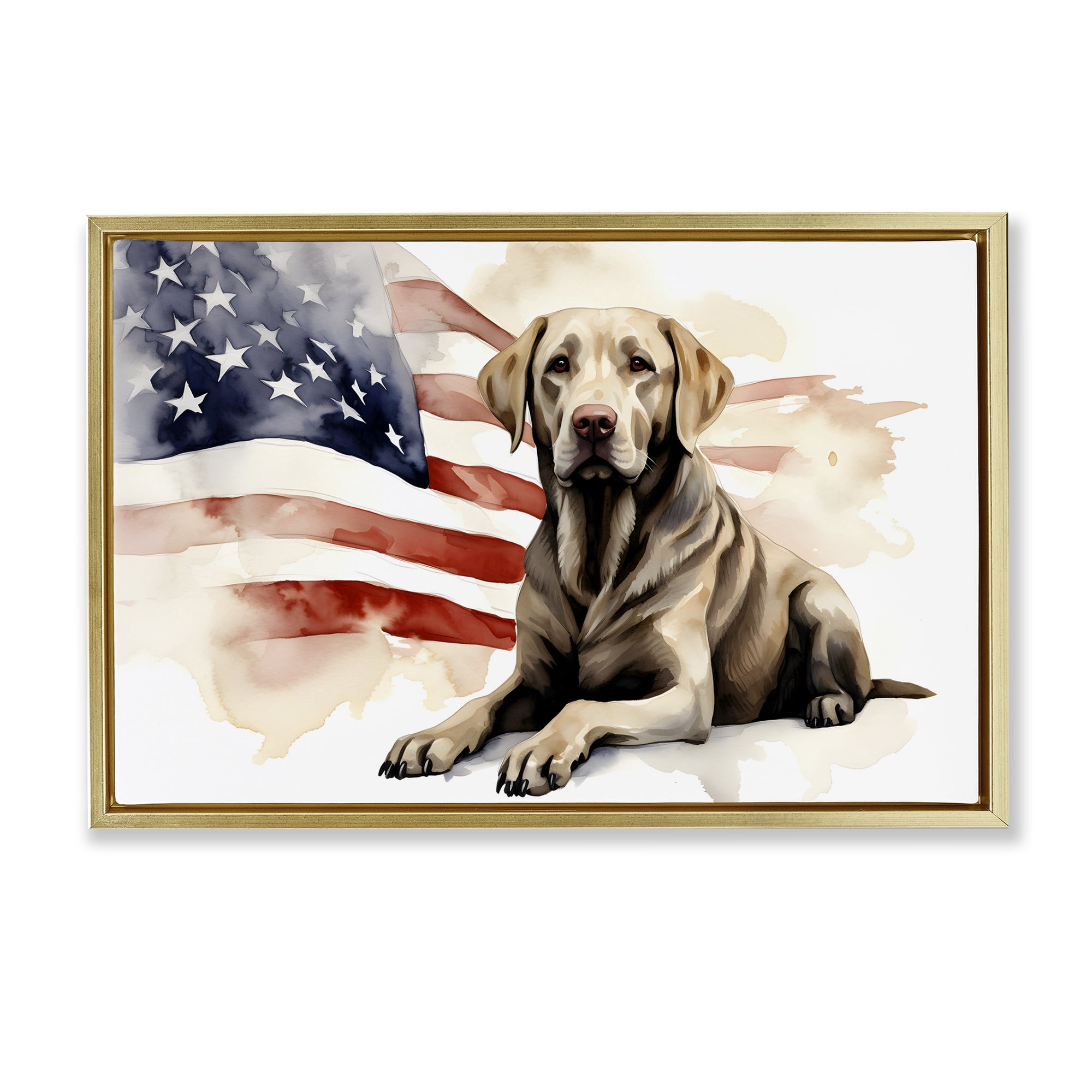 Stupell Industries Patriotic Dog with Flag Animals & Insects Painting Gold Floater Framed Canvas Art Print Wall Art, 31 x 21