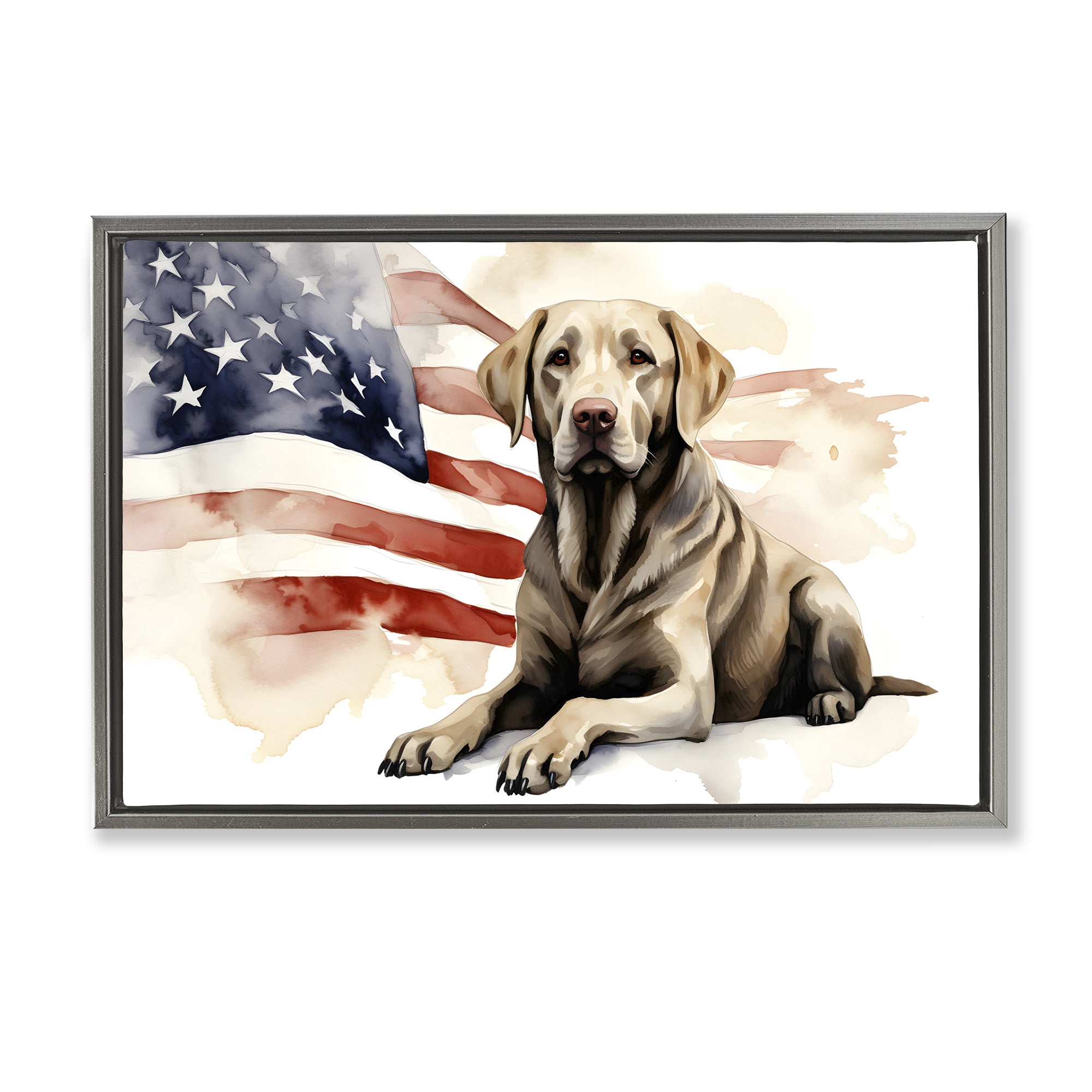 Stupell Industries Patriotic Dog with Flag Animals & Insects Painting Gray Floater Framed Canvas Art Print Wall Art, 31 x 21