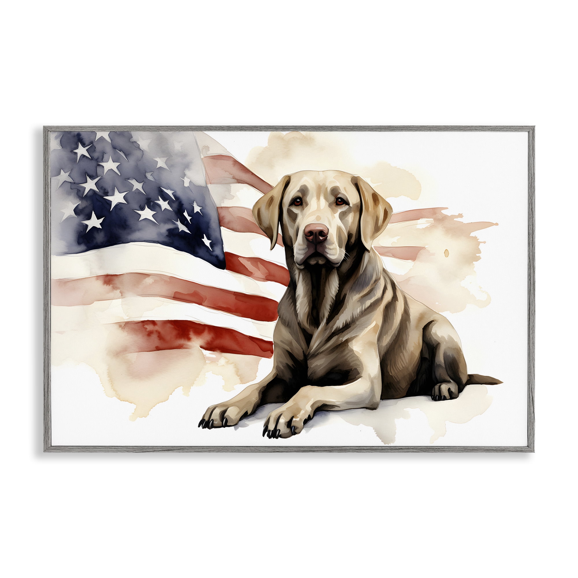 Stupell Industries Patriotic Dog with Flag Animals & Insects Painting Gray Framed Art Print Wall Art, 30 x 20