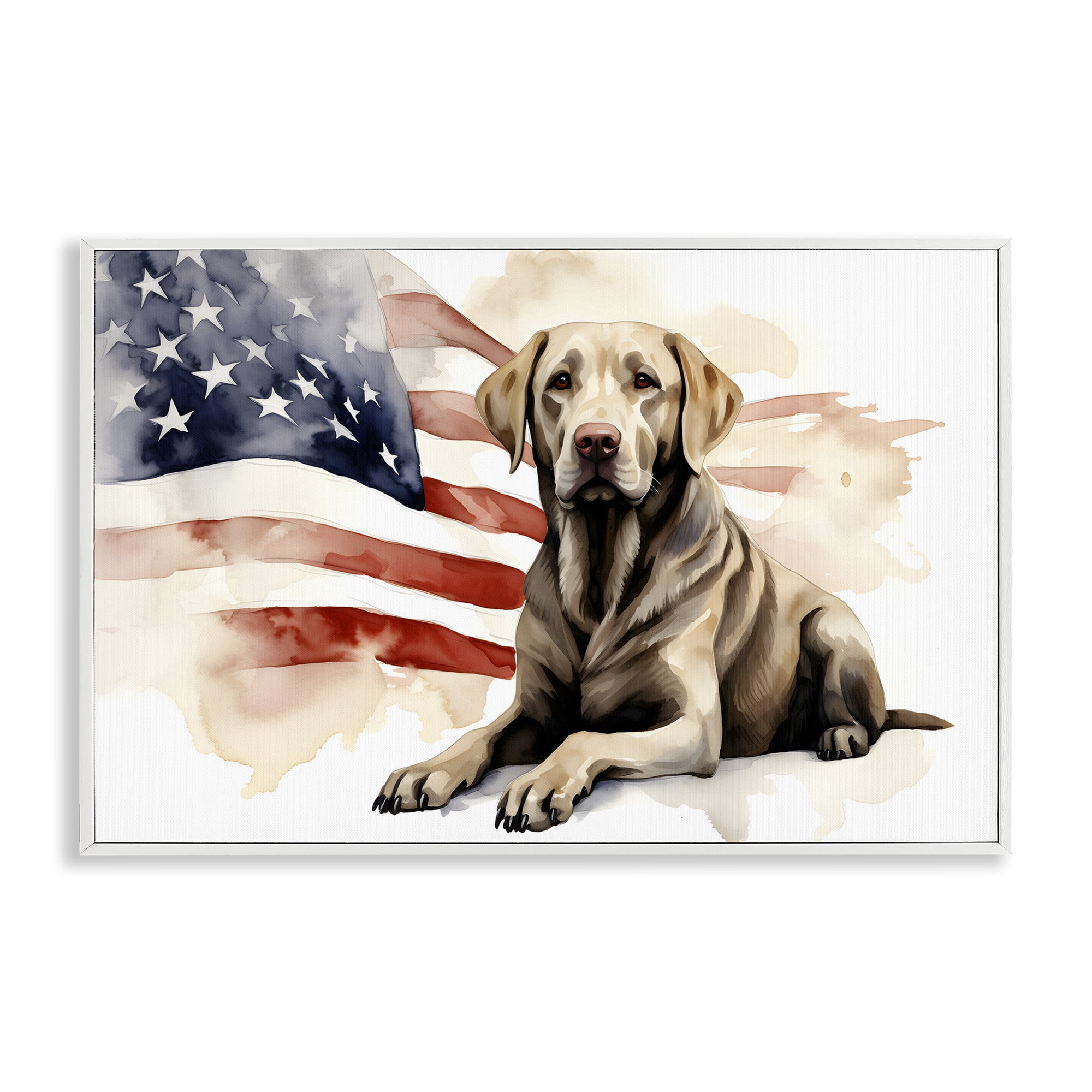 Stupell Industries Patriotic Dog with Flag Animals & Insects Painting White Framed Art Print Wall Art, 30 x 20