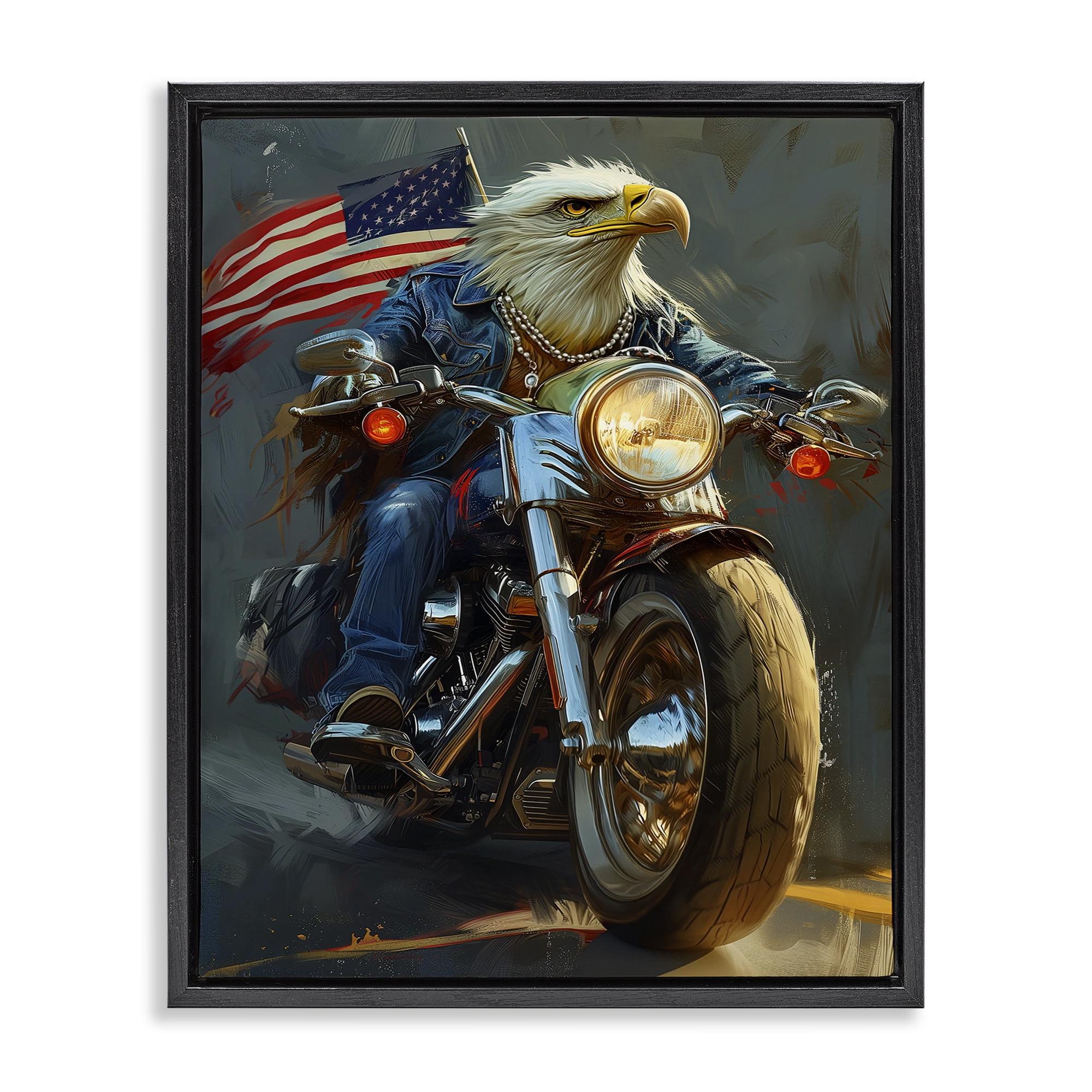 Stupell Industries Patriotic Eagle Motorcycle Transportation Painting Black Floater Framed Canvas Art Print Wall Art, 25 x 31