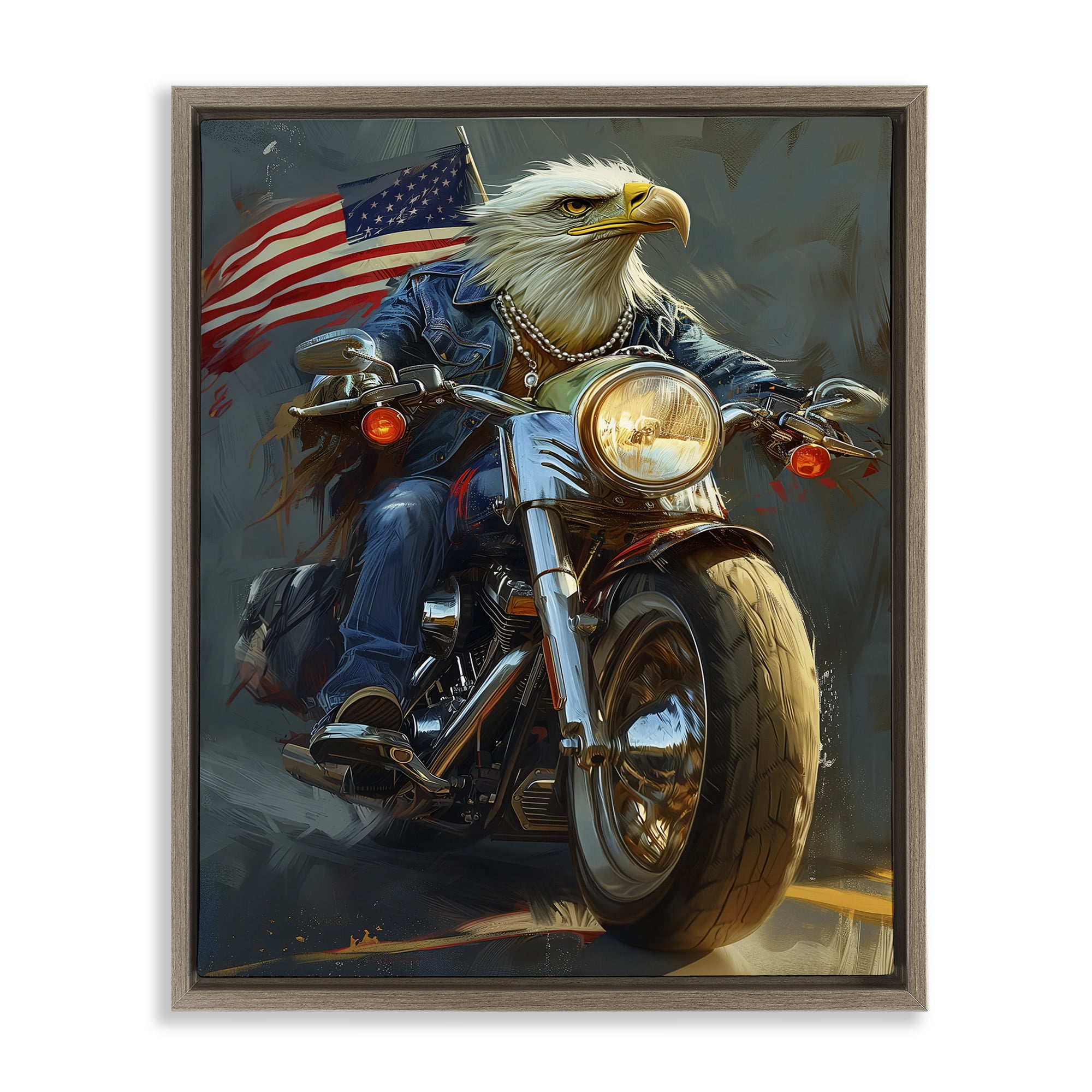 Stupell Industries Patriotic Eagle Motorcycle Transportation Painting Brown Floater Framed Canvas Art Print Wall Art, 25 x 31