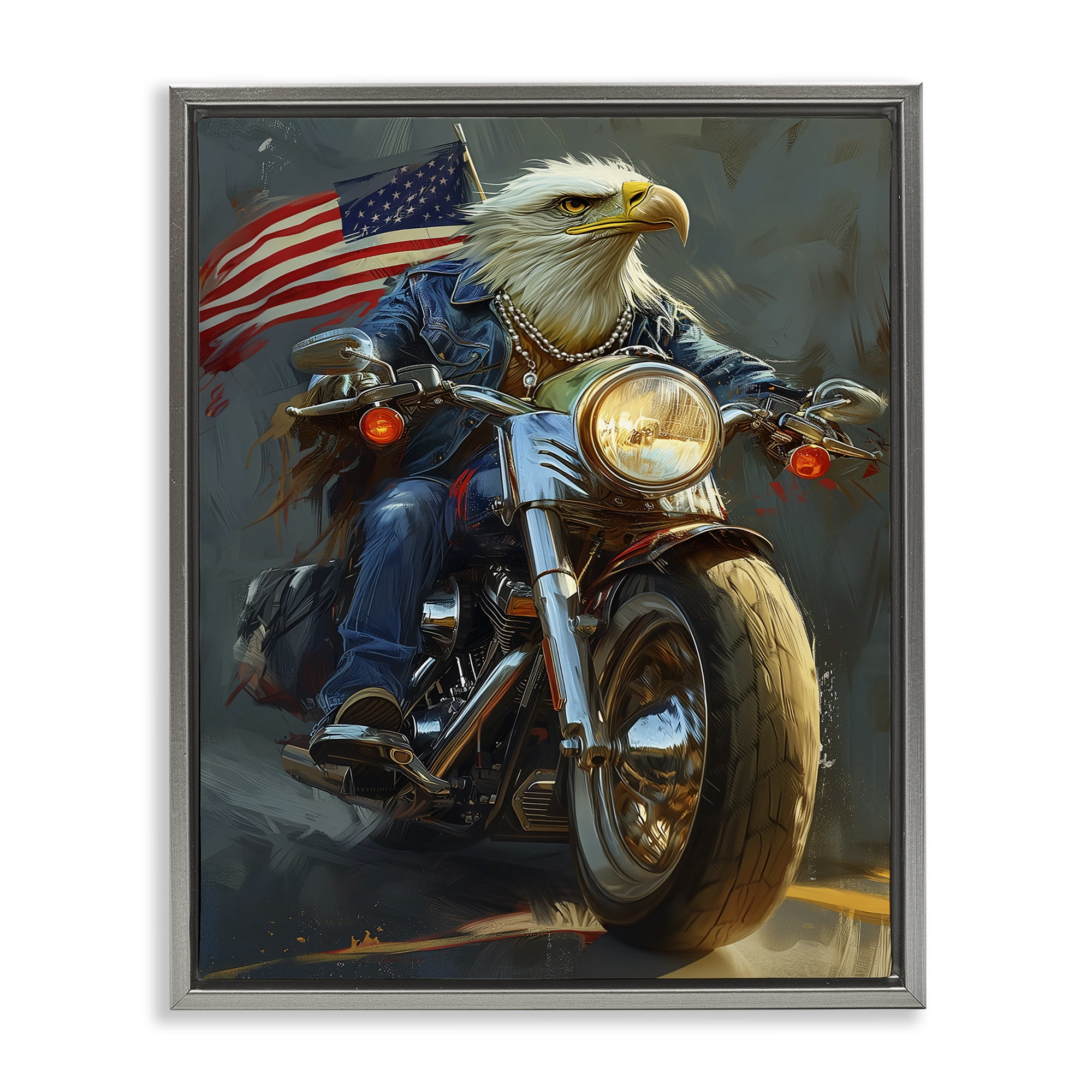 Stupell Industries Patriotic Eagle Motorcycle Transportation Painting Gray Floater Framed Canvas Art Print Wall Art, 25 x 31