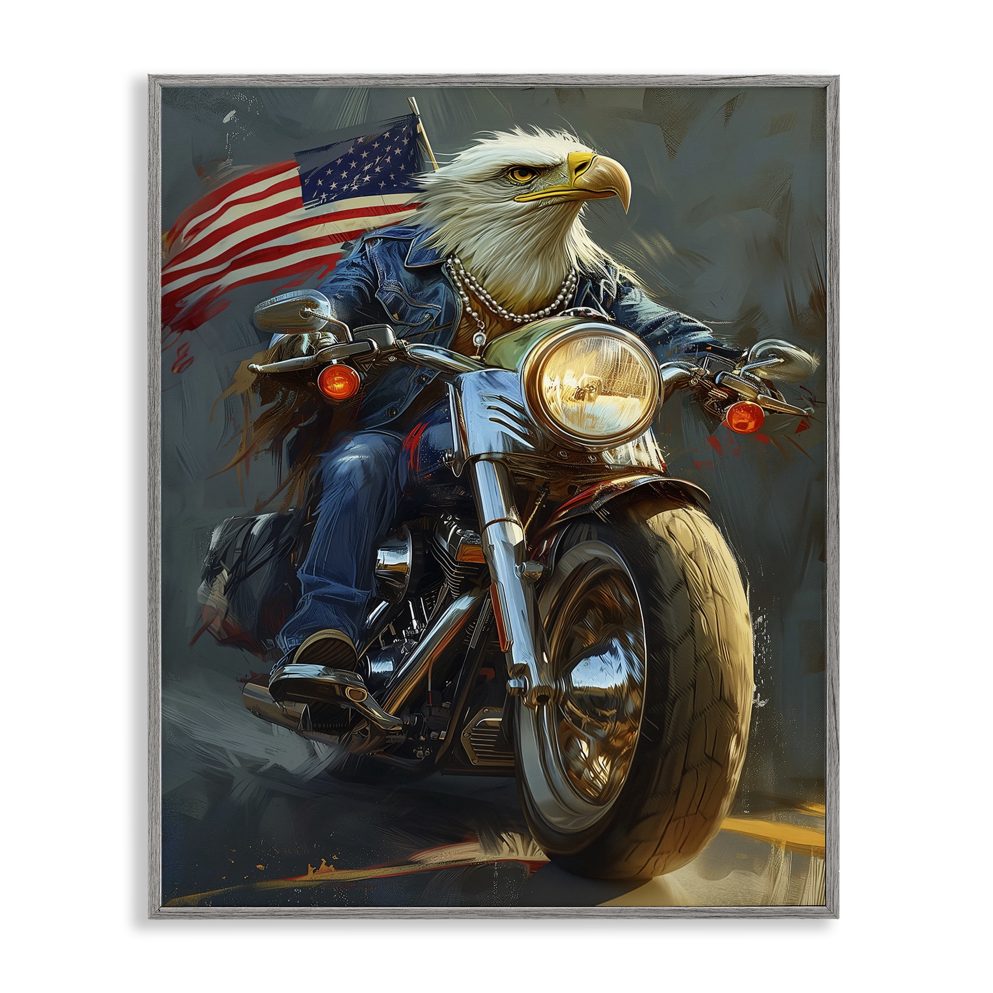 Stupell Industries Patriotic Eagle Motorcycle Transportation Painting Gray Framed Art Print Wall Art, 16 x 20