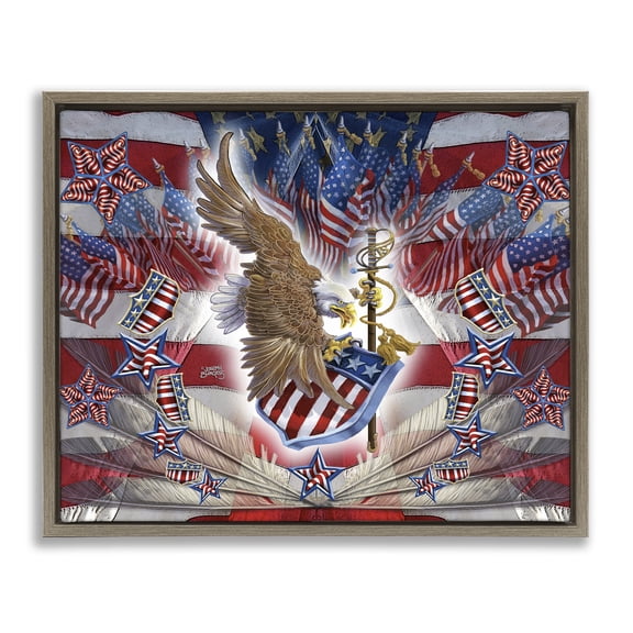 Stupell Industries Patriotic Eagle with Flag Symbols Americana Painting Brown Floater Framed Canvas Art Print Wall Art, 21 x 17