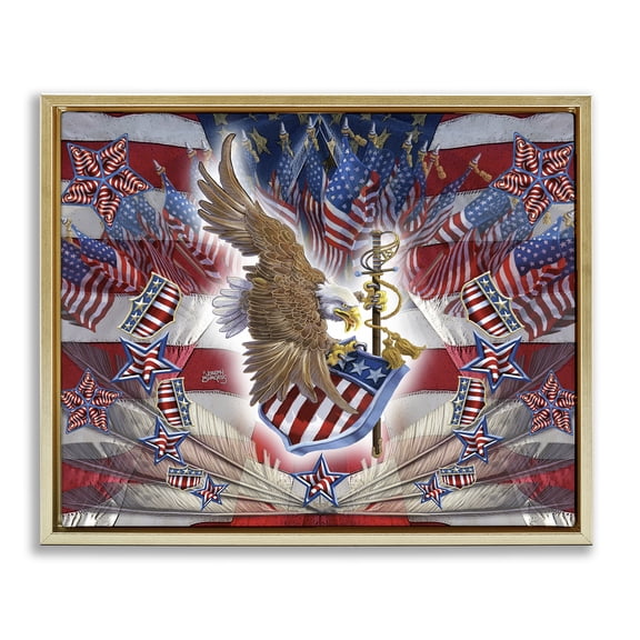Stupell Industries Patriotic Eagle with Flag Symbols Americana Painting Gold Floater Framed Canvas Art Print Wall Art, 21 x 17