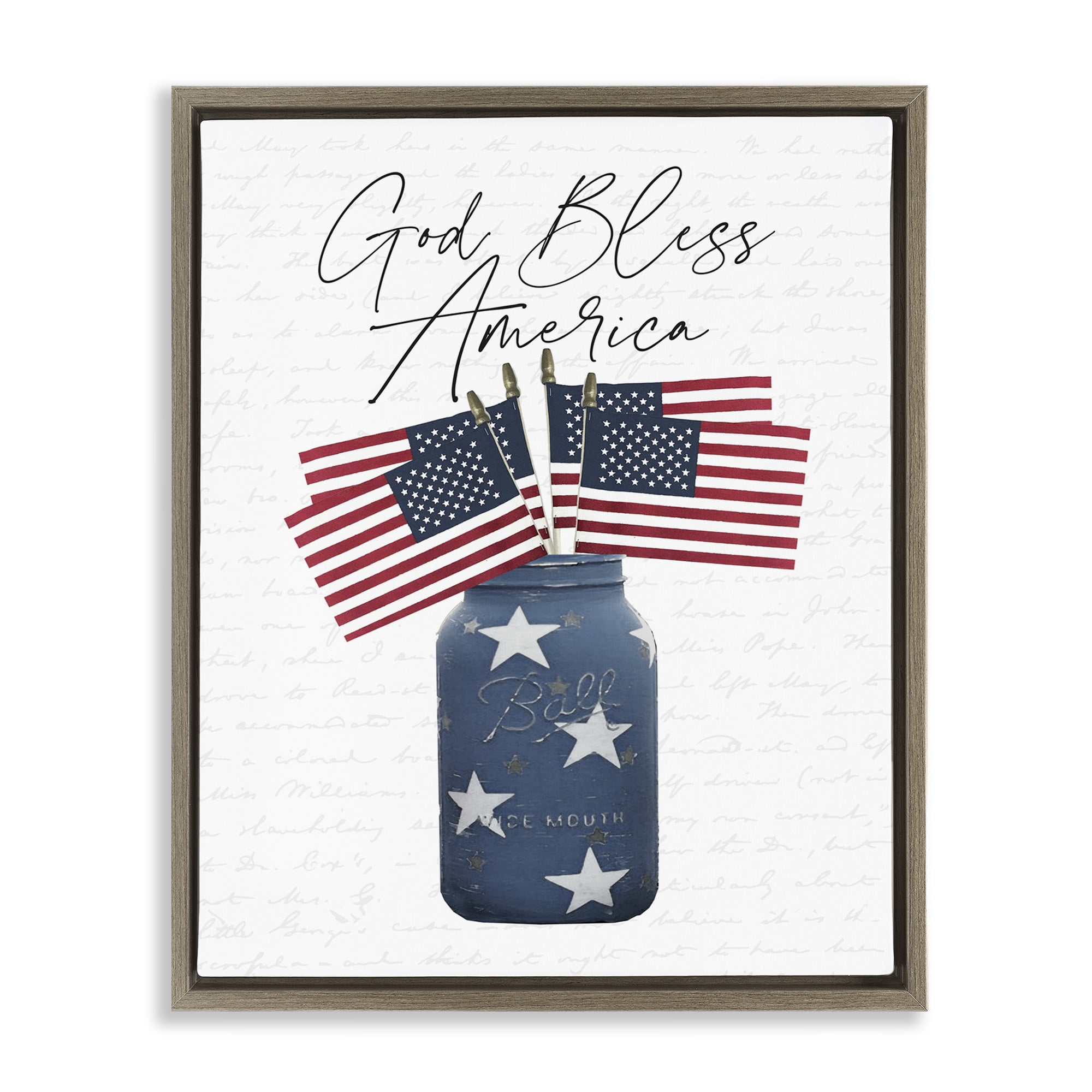 Stupell Industries Patriotic Flag Jars Religious Painting Brown Floater Framed Canvas Art Print Wall Art, 17 x 21