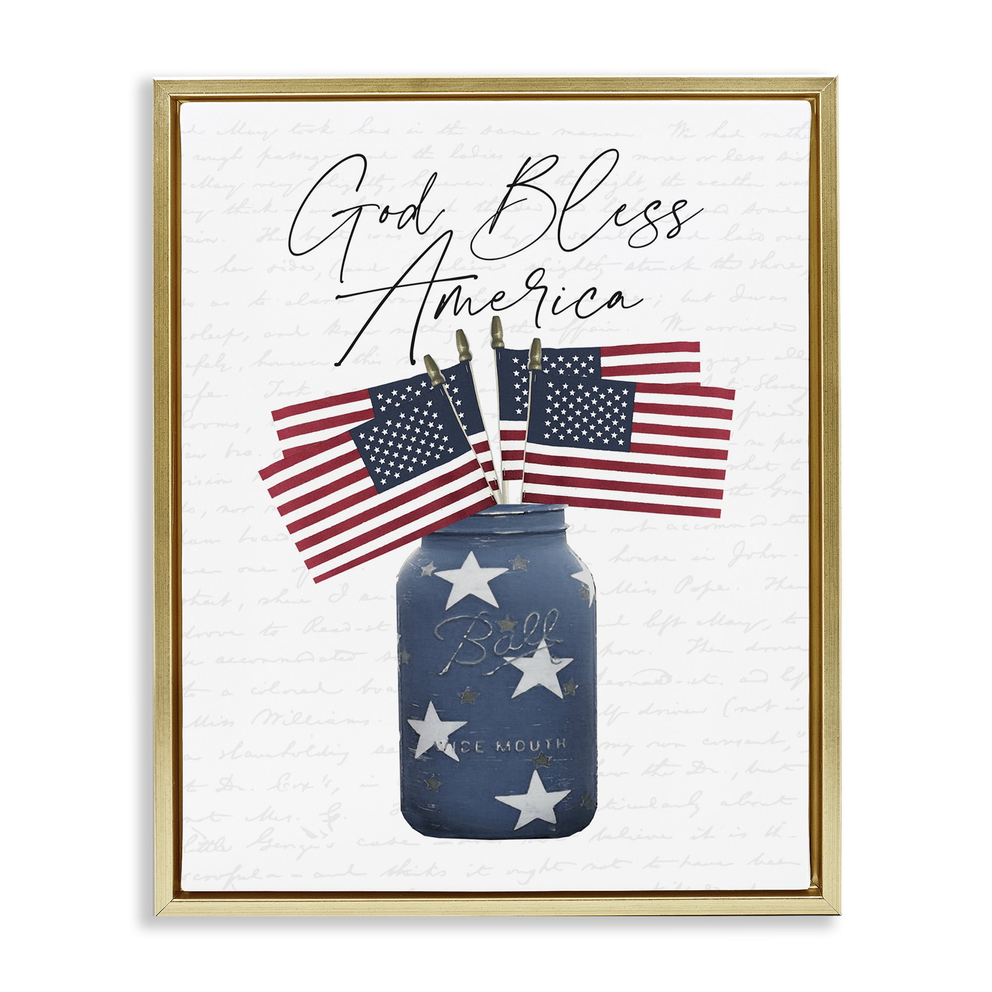 Stupell Industries Patriotic Flag Jars Religious Painting Gold Floater Framed Canvas Art Print Wall Art, 17 x 21