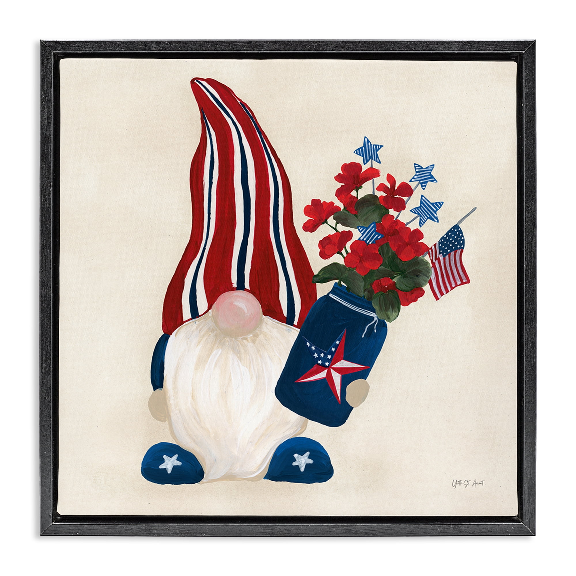 Stupell Industries Patriotic Gnome & Flowers Patriotic Painting Black Floater Framed Canvas Art Print Wall Art, 25 x 25