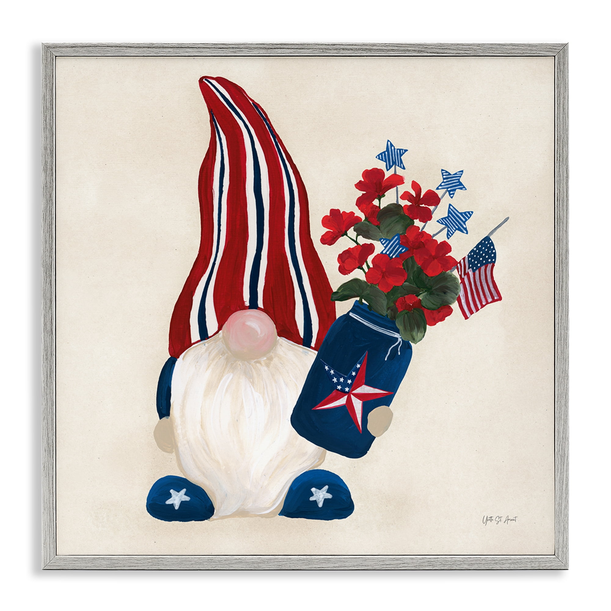Stupell Industries Patriotic Gnome & Flowers Patriotic Painting Gray Framed Art Print Wall Art, 17 x 17