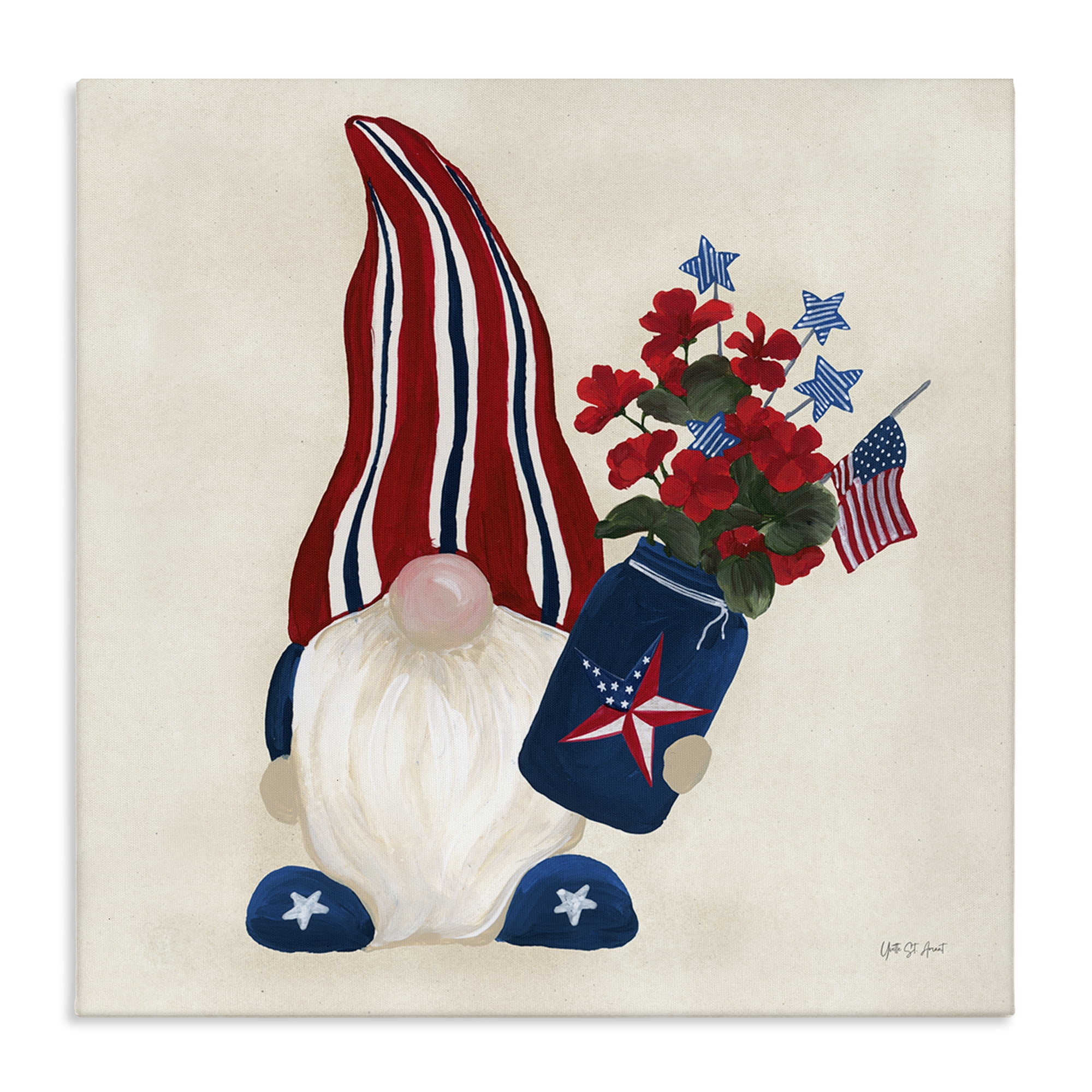 Stupell Industries Patriotic Gnome & Flowers Patriotic Painting Wrapped Canvas Art Print Wall Art, 17 x 17