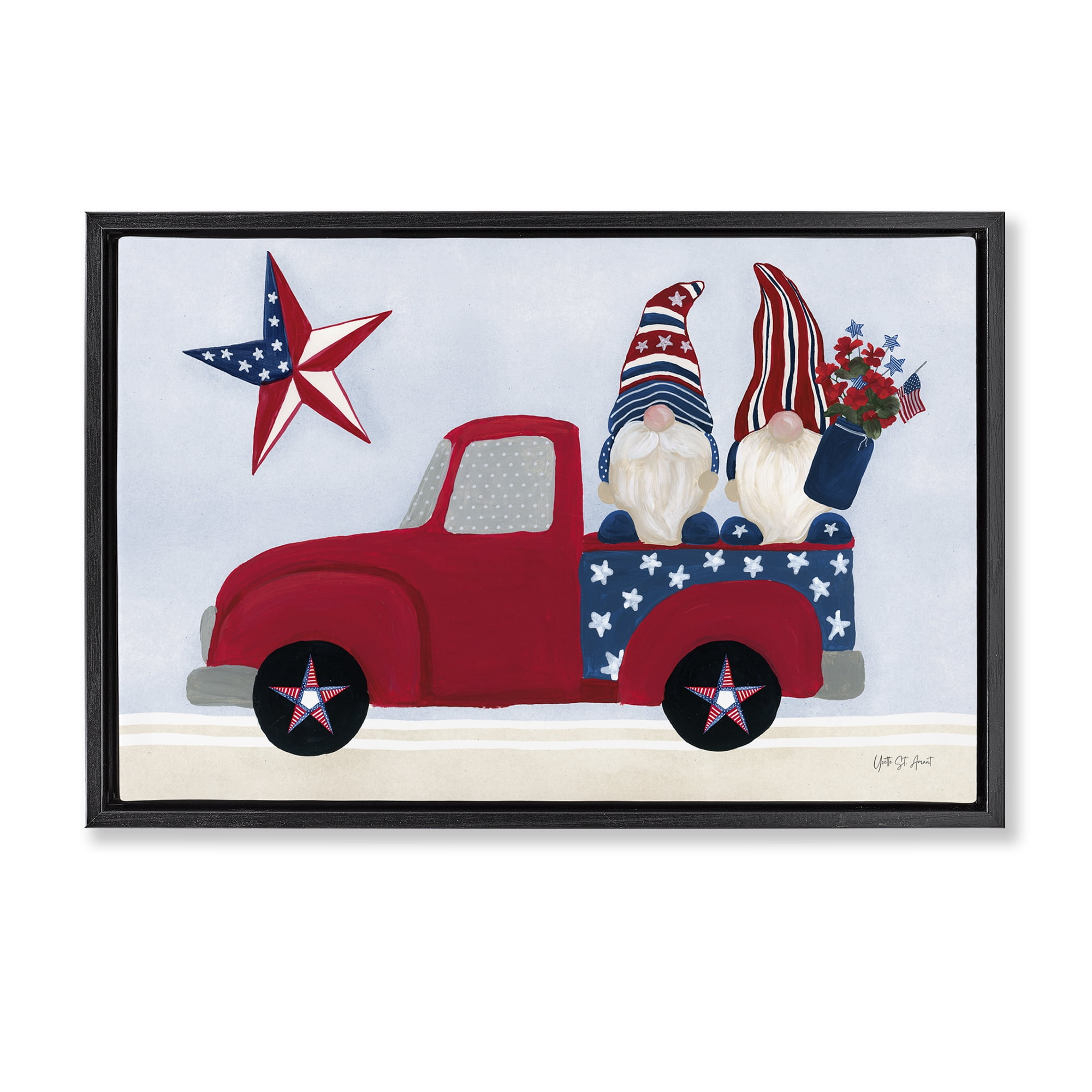 Stupell Industries Patriotic Gnomes in Truck Patriotic Painting Black Floater Framed Canvas Art Print Wall Art, 31 x 21