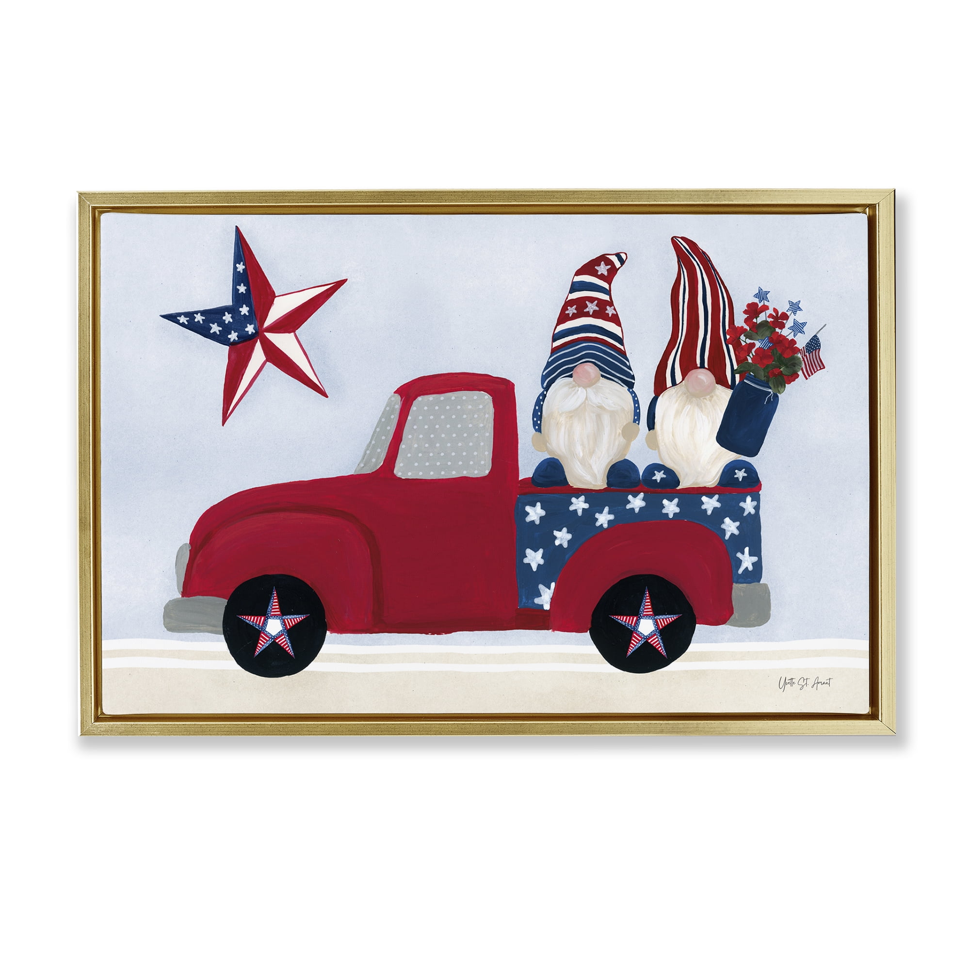 Stupell Industries Patriotic Gnomes in Truck Patriotic Painting Gold Floater Framed Canvas Art Print Wall Art, 25 x 17