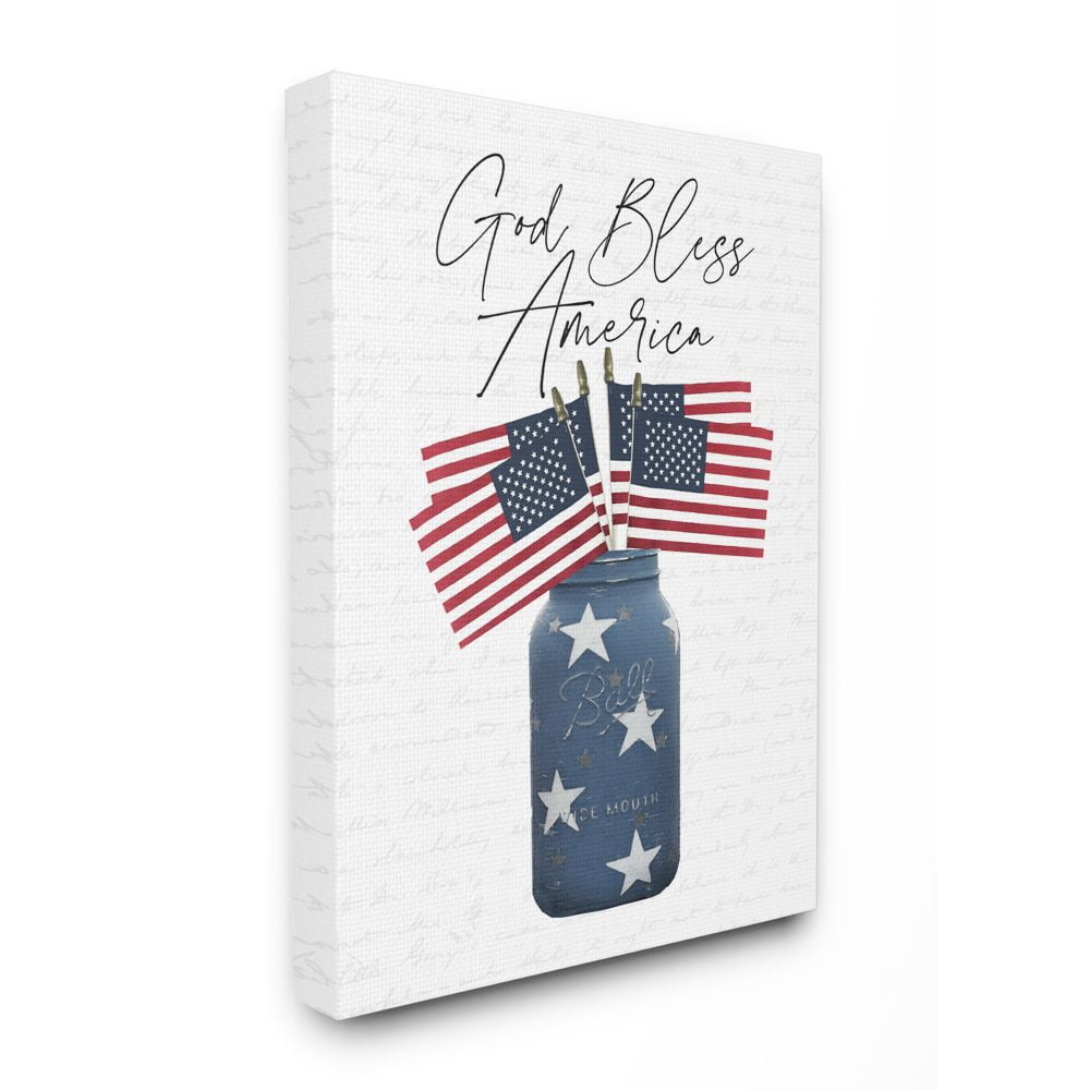 Stupell Industries Patriotic God Bless America Country Quote Jar Flags Canvas Wall Art Design by Lettered and Lined, 30" x 40"