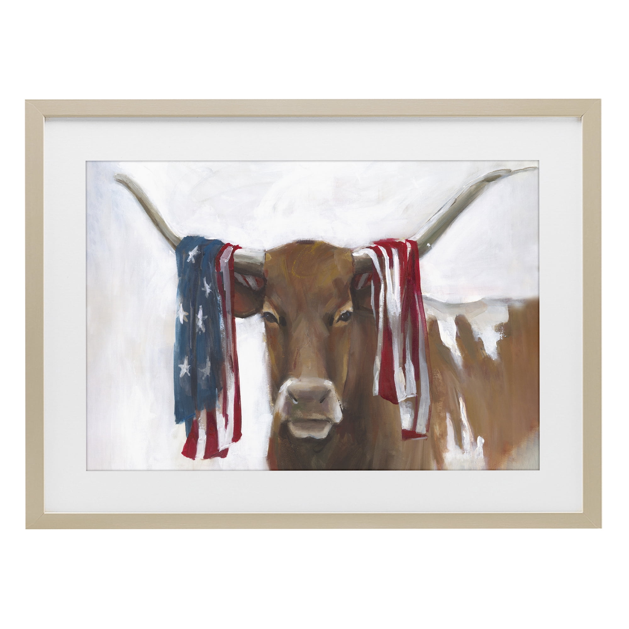 Stupell Industries Patriotic Longhorn with Flag Birch Framed Print Under Glass, design by White Ladder