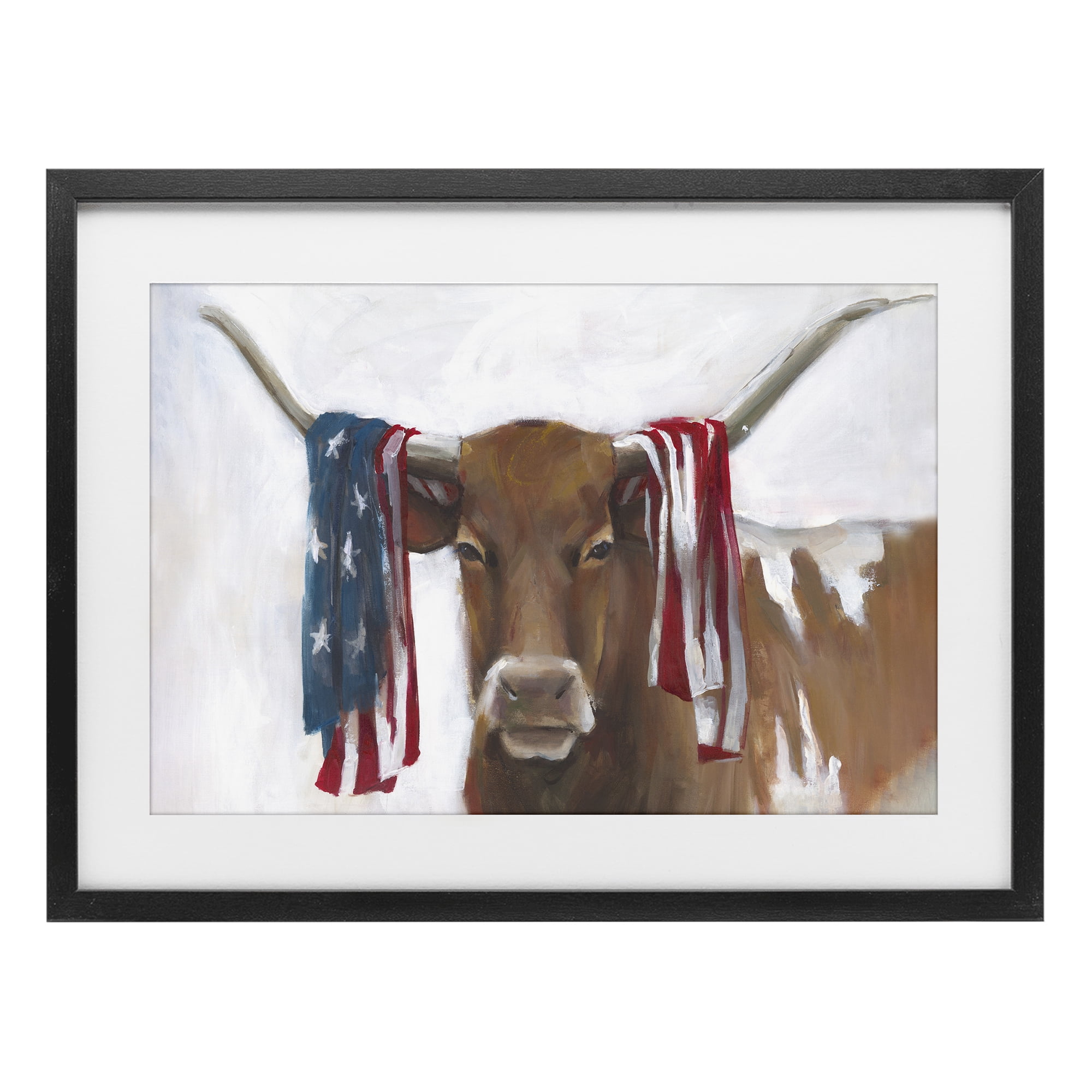 Stupell Industries Patriotic Longhorn with Flag Black Framed Print Under Glass, design by White Ladder