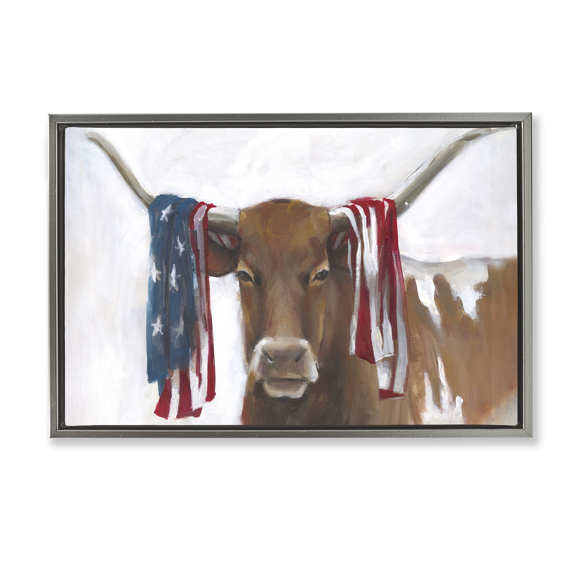 Stupell Industries Patriotic Longhorn with Flag Gray Framed Floater Canvas Wall Art, design by White Ladder