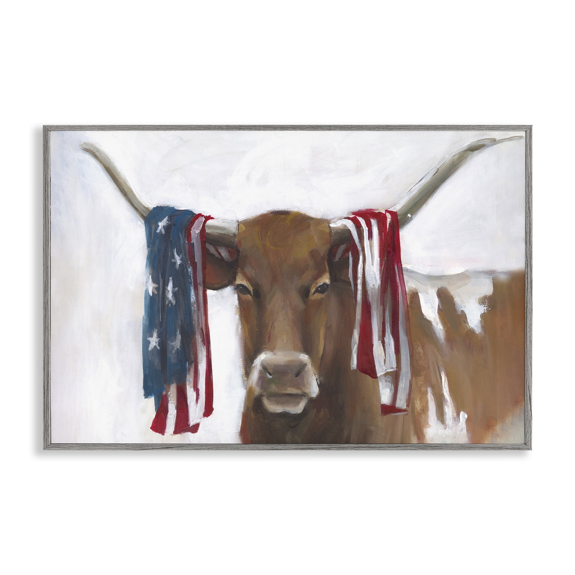 Stupell Industries Patriotic Longhorn with Flag Gray Framed Giclee Art, design by White Ladder