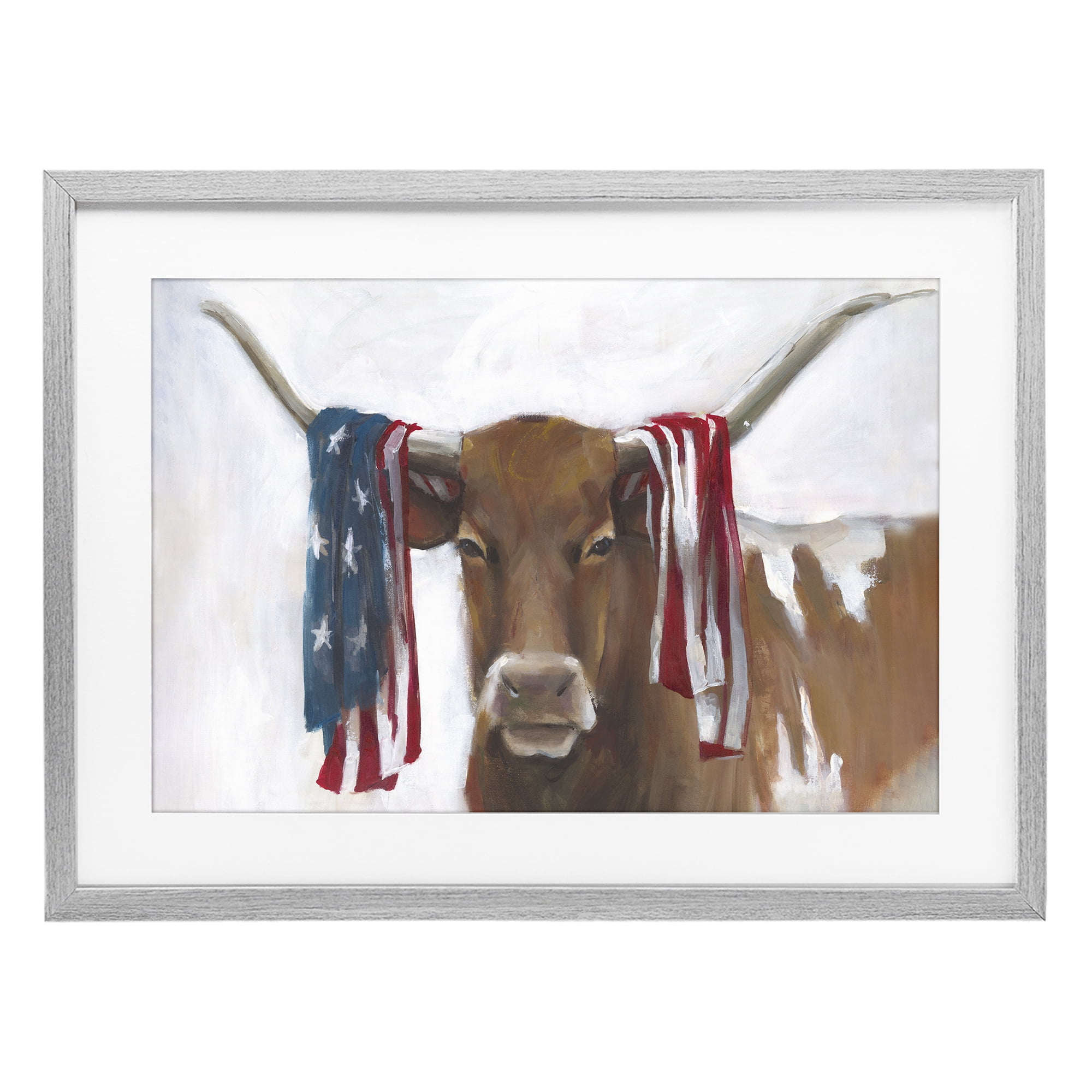 Stupell Industries Patriotic Longhorn with Flag Gray Framed Print Under Glass, design by White Ladder