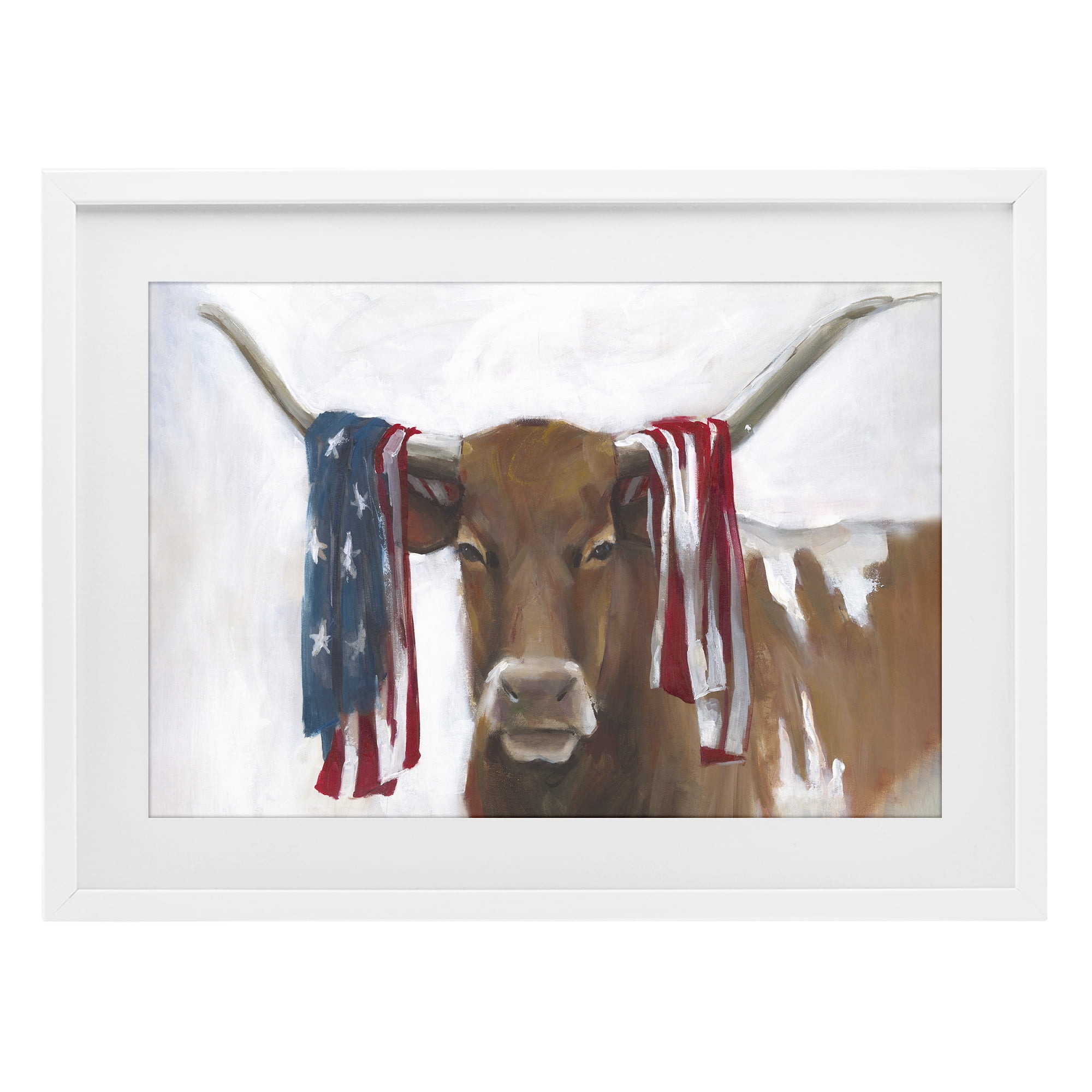 Stupell Industries Patriotic Longhorn with Flag White Framed Print Under Glass, design by White Ladder