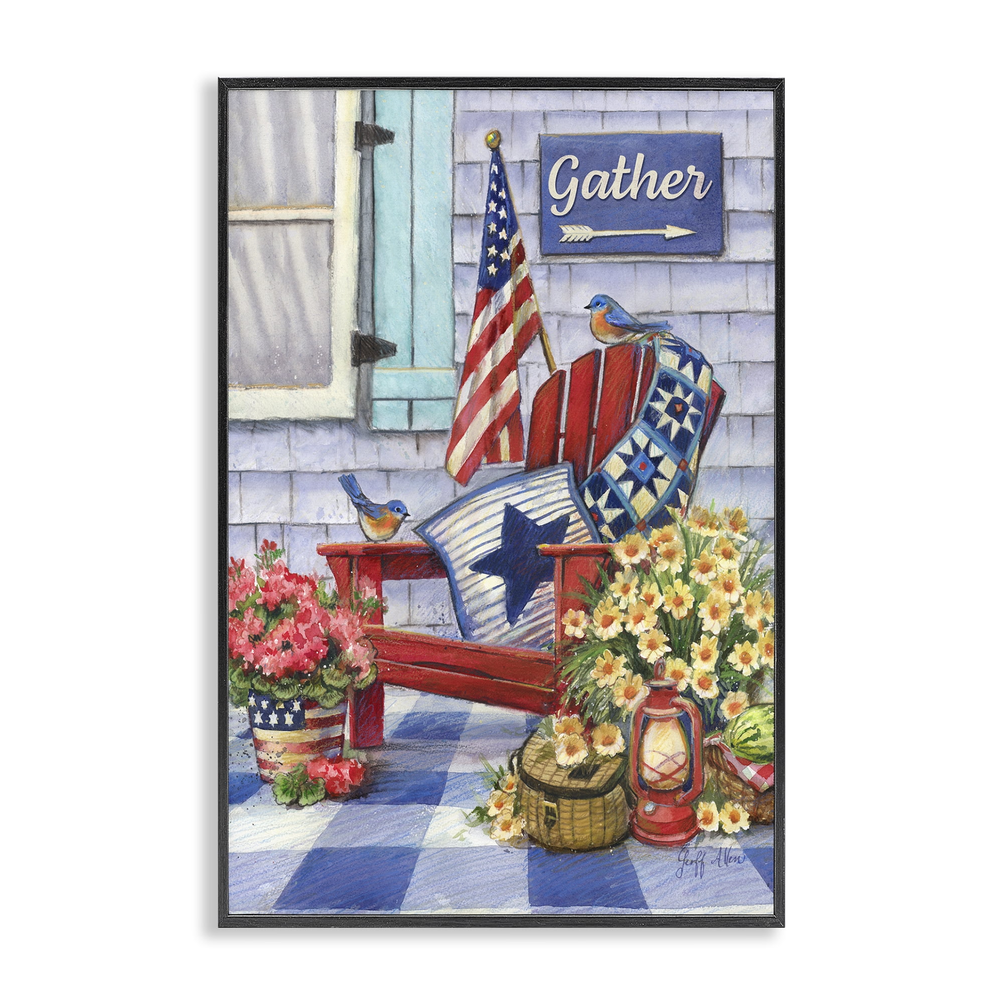 Stupell Industries Patriotic Porch View Patriotic Painting Black Framed Art Print Wall Art, 12 x 18