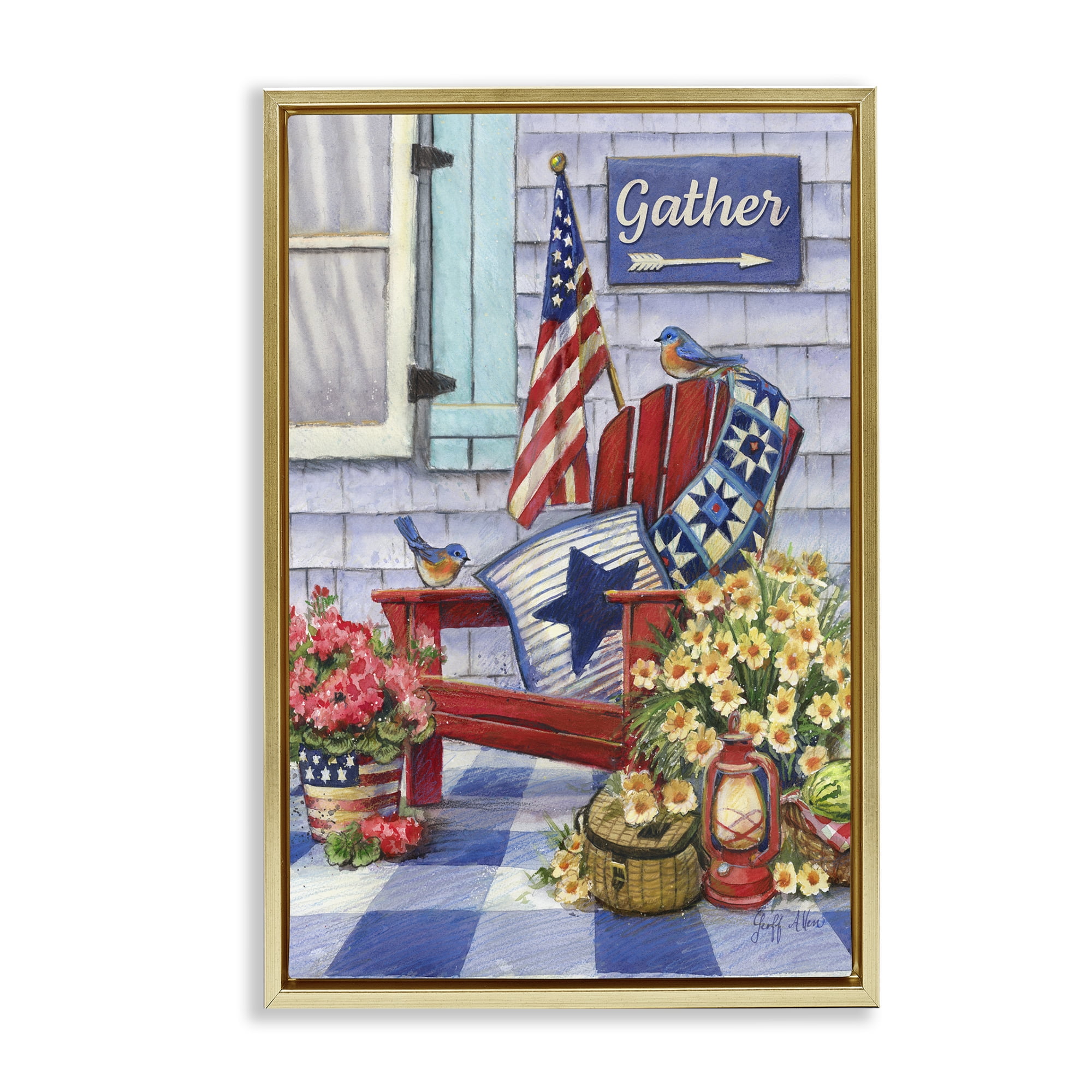 Stupell Industries Patriotic Porch View Patriotic Painting Gold Floater Framed Canvas Art Print Wall Art, 17 x 25