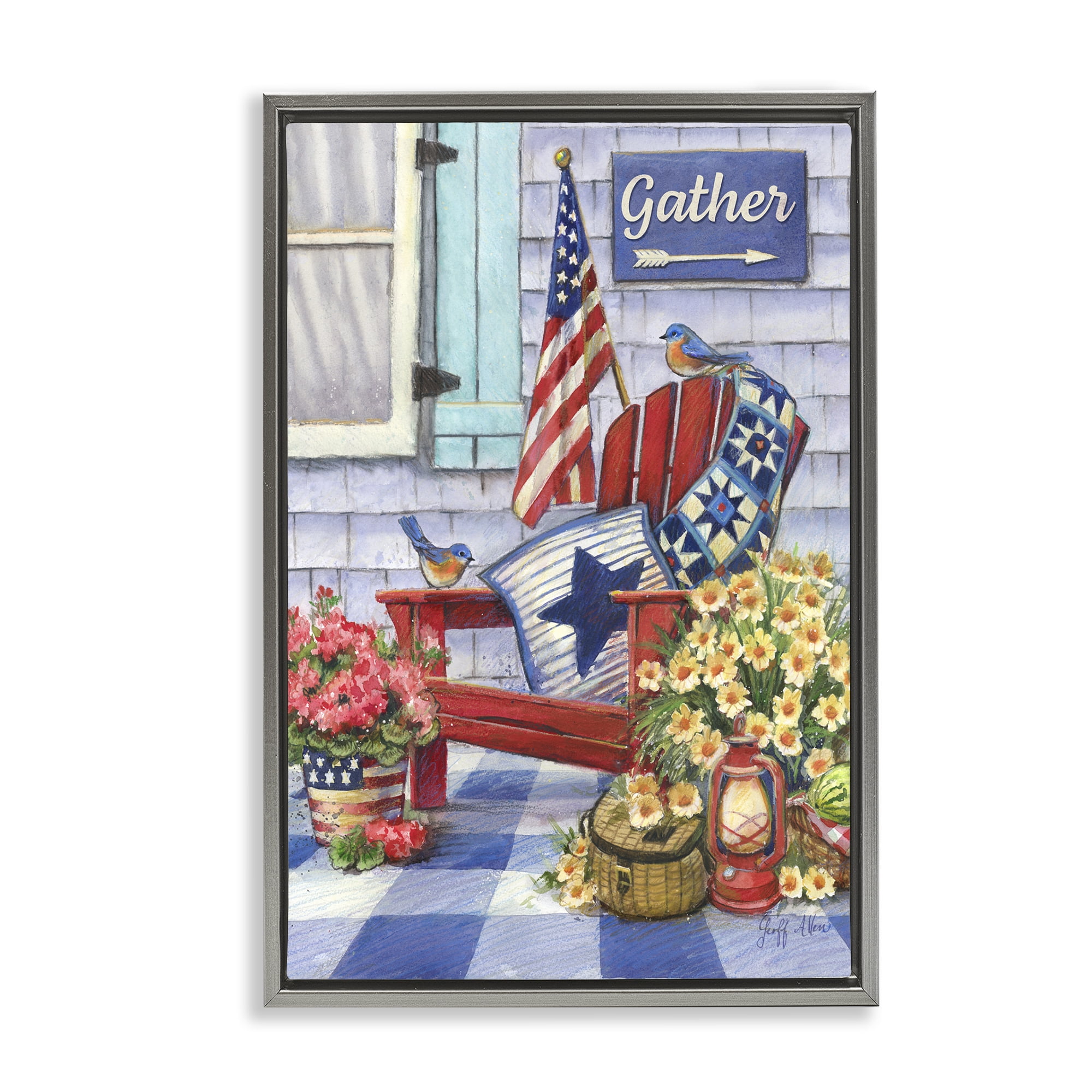 Stupell Industries Patriotic Porch View Patriotic Painting Gray Floater Framed Canvas Art Print Wall Art, 21 x 31
