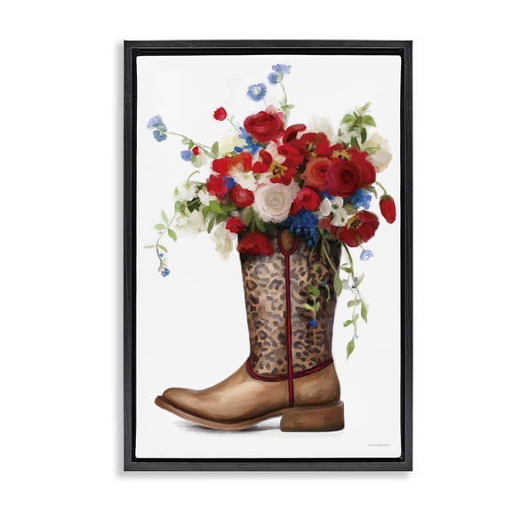 Stupell Industries Patriotic Roses in Cowgirl Boot Floral Painting Black Floater Framed Canvas Art Print Wall Art, 17 x 25