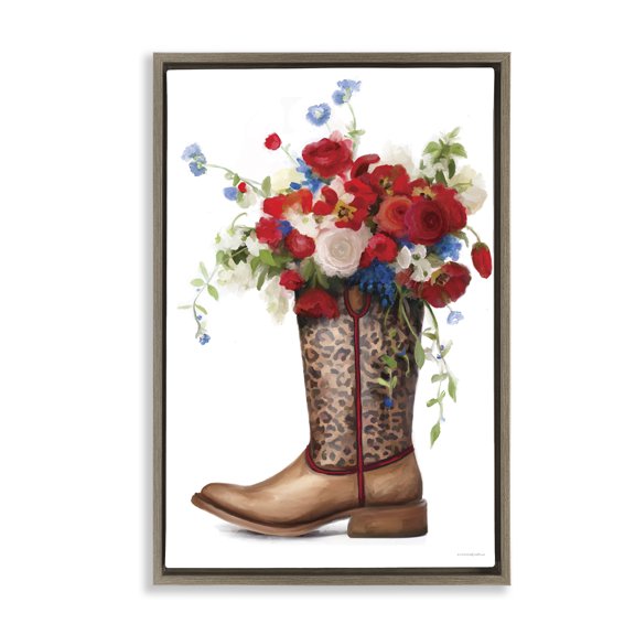 Stupell Industries Patriotic Roses in Cowgirl Boot Floral Painting Brown Floater Framed Canvas Art Print Wall Art, 21 x 31