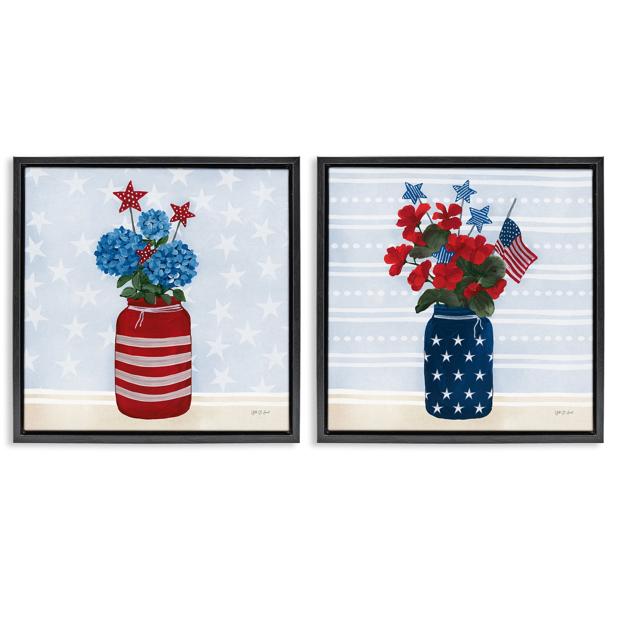 Stupell Industries Patriotic Stripes & Stars Florals Patriotic Painting Black Floater Framed Canvas Art Print Wall Art, 18 x 18, Set of 2