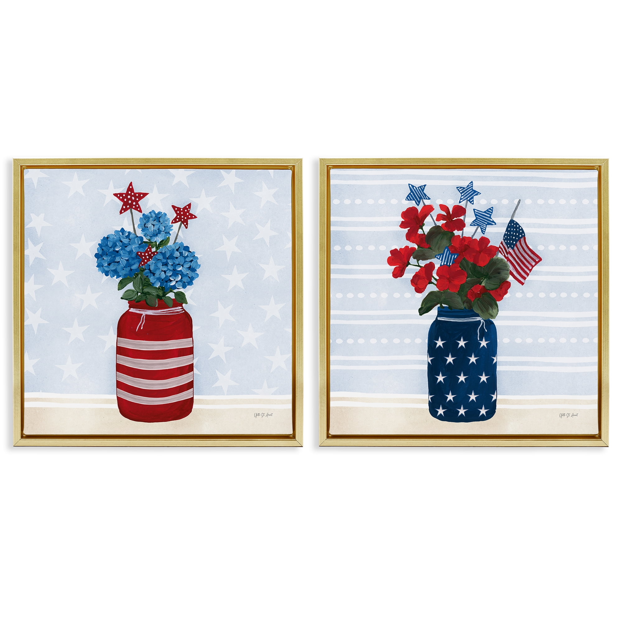 Stupell Industries Patriotic Stripes & Stars Florals Patriotic Painting Gold Floater Framed Canvas Art Print Wall Art, 18 x 18, Set of 2