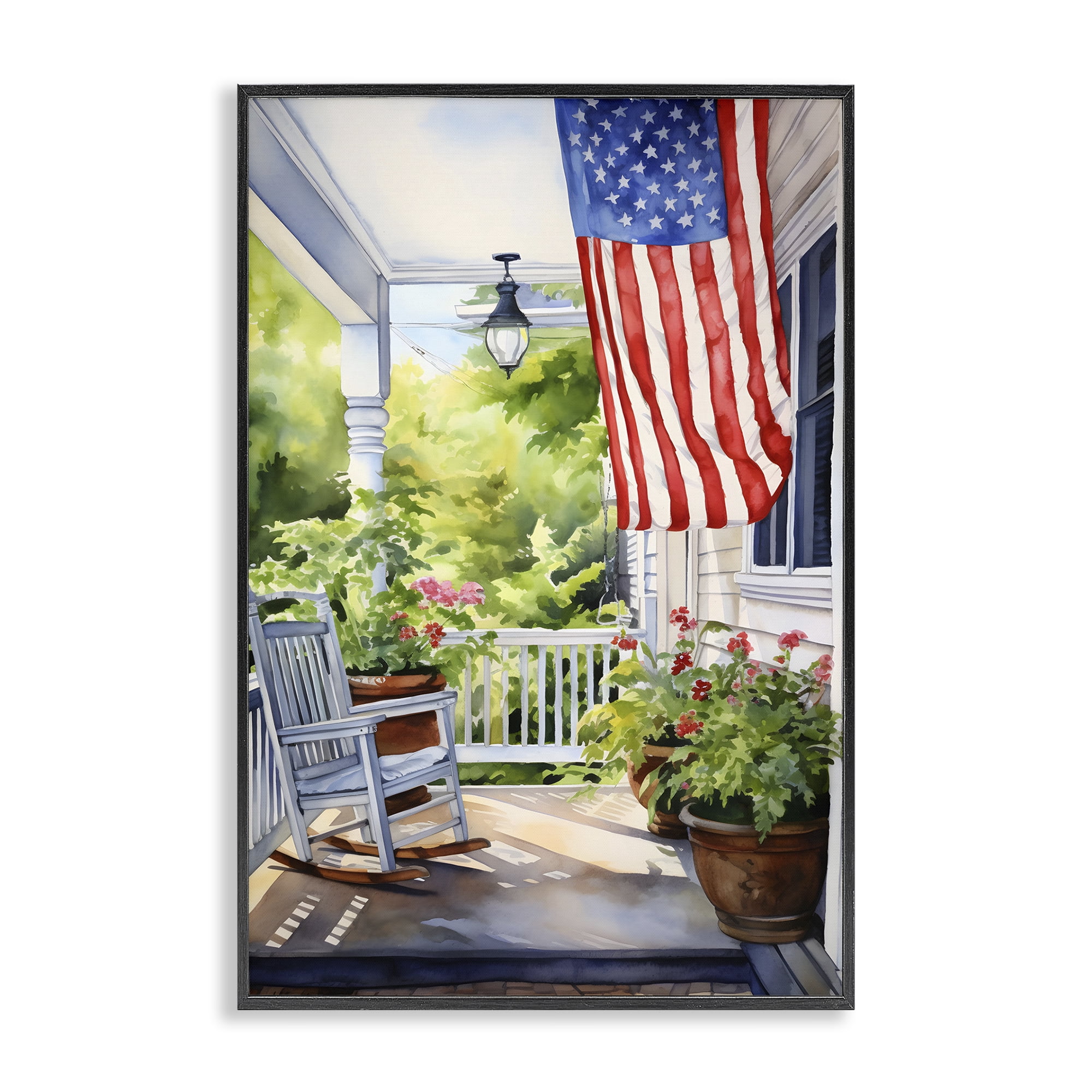 Stupell Industries Patriotic Summer Porch Scenery Painting Black Framed Art Print Wall Art, 16 x 24