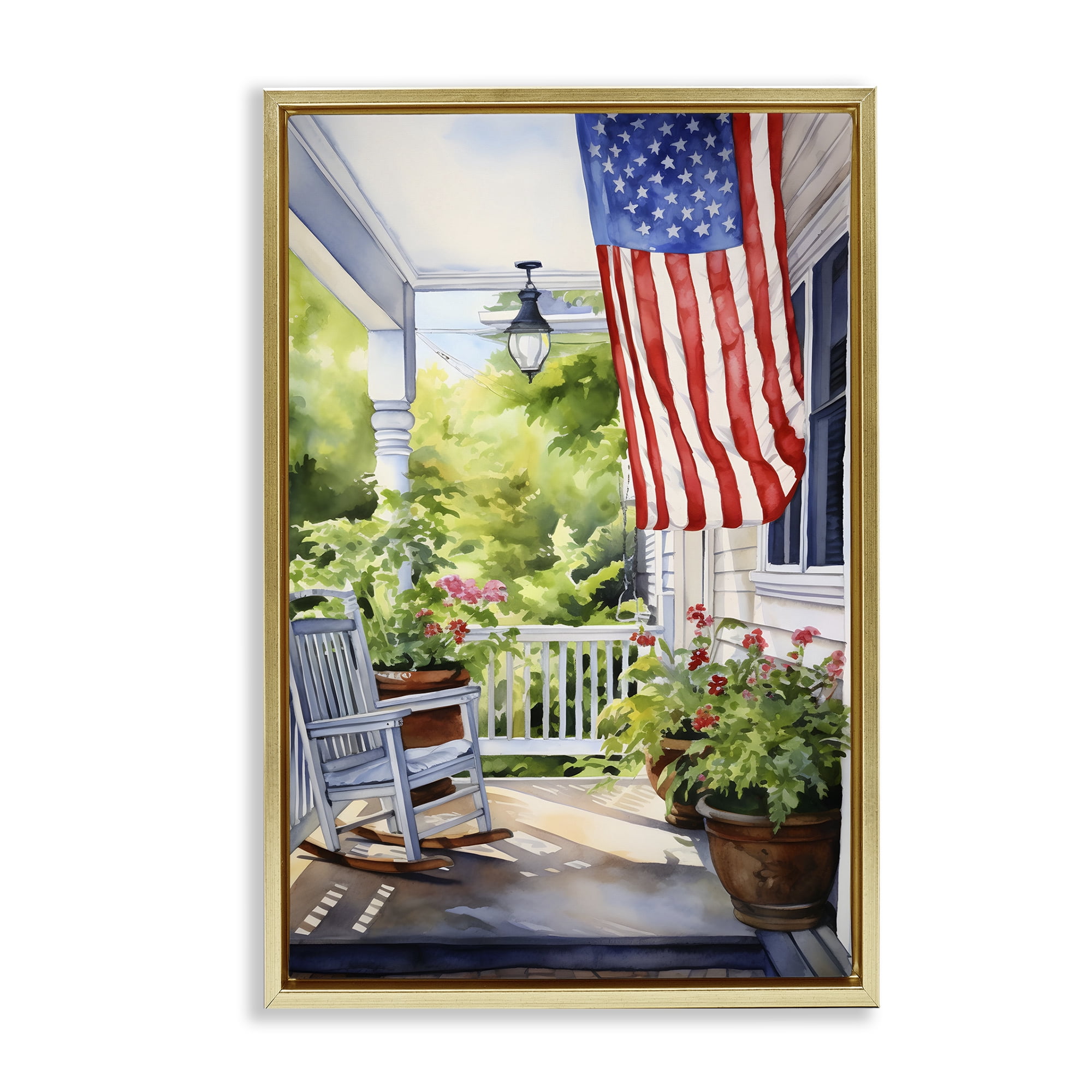 Stupell Industries Patriotic Summer Porch Scenery Painting Gold Floater Framed Canvas Art Print Wall Art, 17 x 25