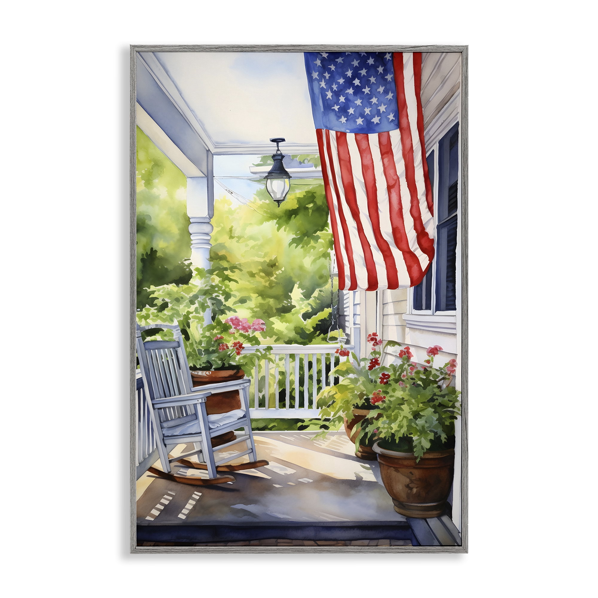Stupell Industries Patriotic Summer Porch Scenery Painting Gray Framed Art Print Wall Art, 20 x 30