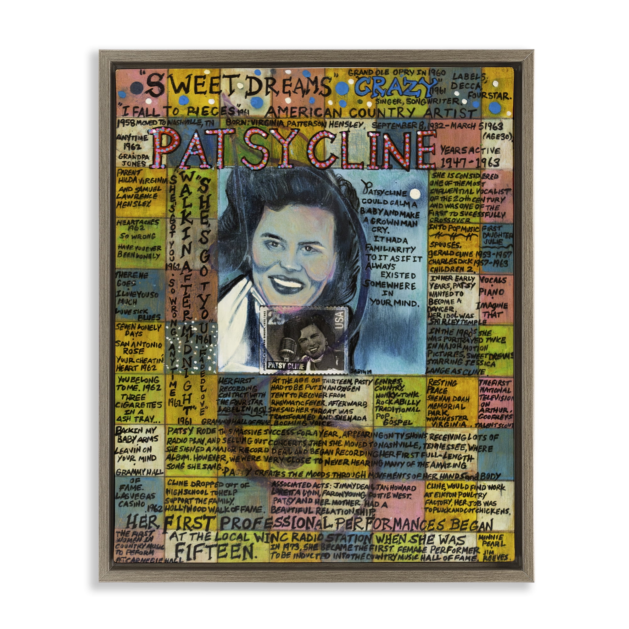 Stupell Industries Patsy Cline Collage People Drawing Brown Floater Framed Canvas Art Print Wall Art, 25 x 31